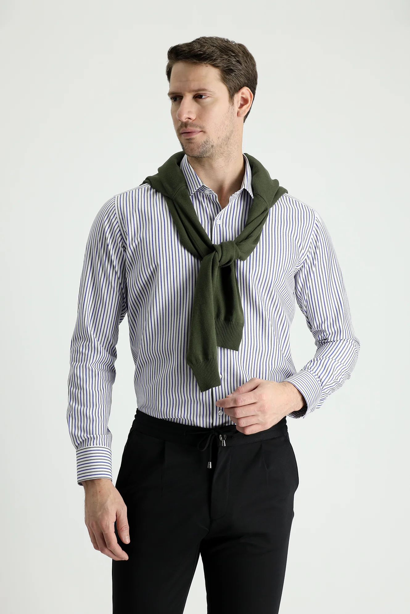 Orta Haki Uzun Kol Slim Fit Dar Kesim Çizgili Gömlek