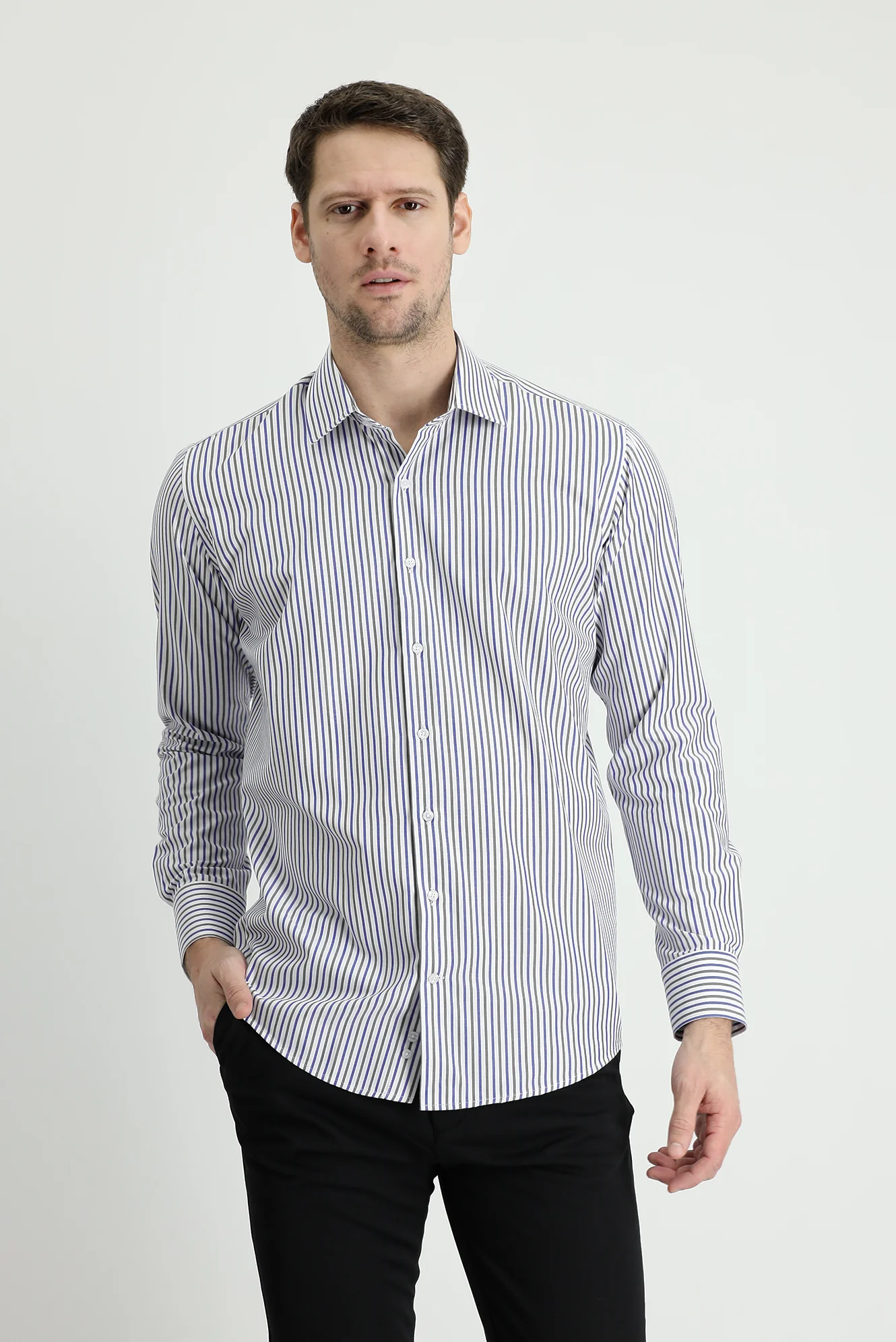 Orta Haki Uzun Kol Slim Fit Dar Kesim Çizgili Gömlek - Image 2