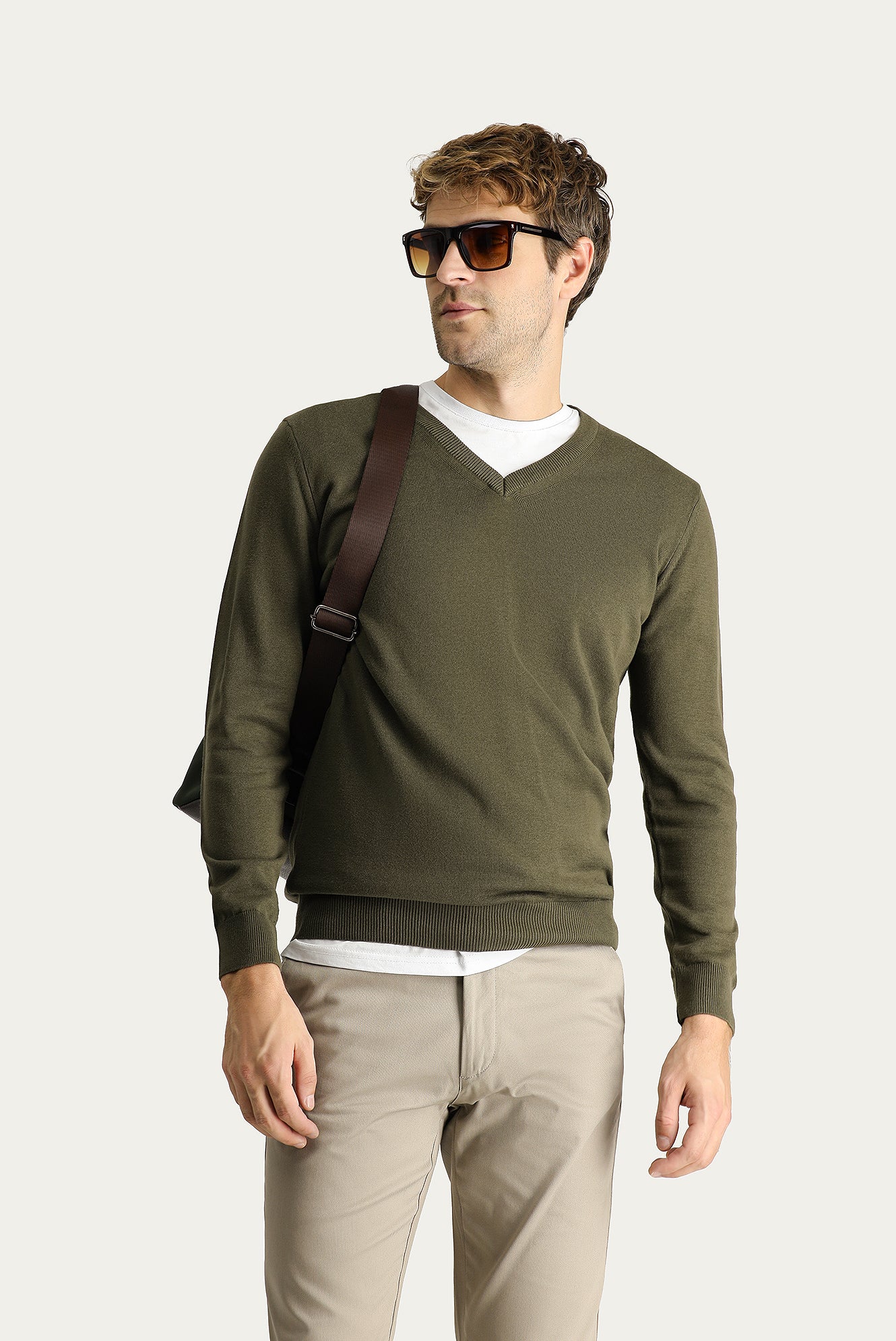 Orta Haki V Yaka Regular Fit Pamuklu Triko Kazak - Image 2