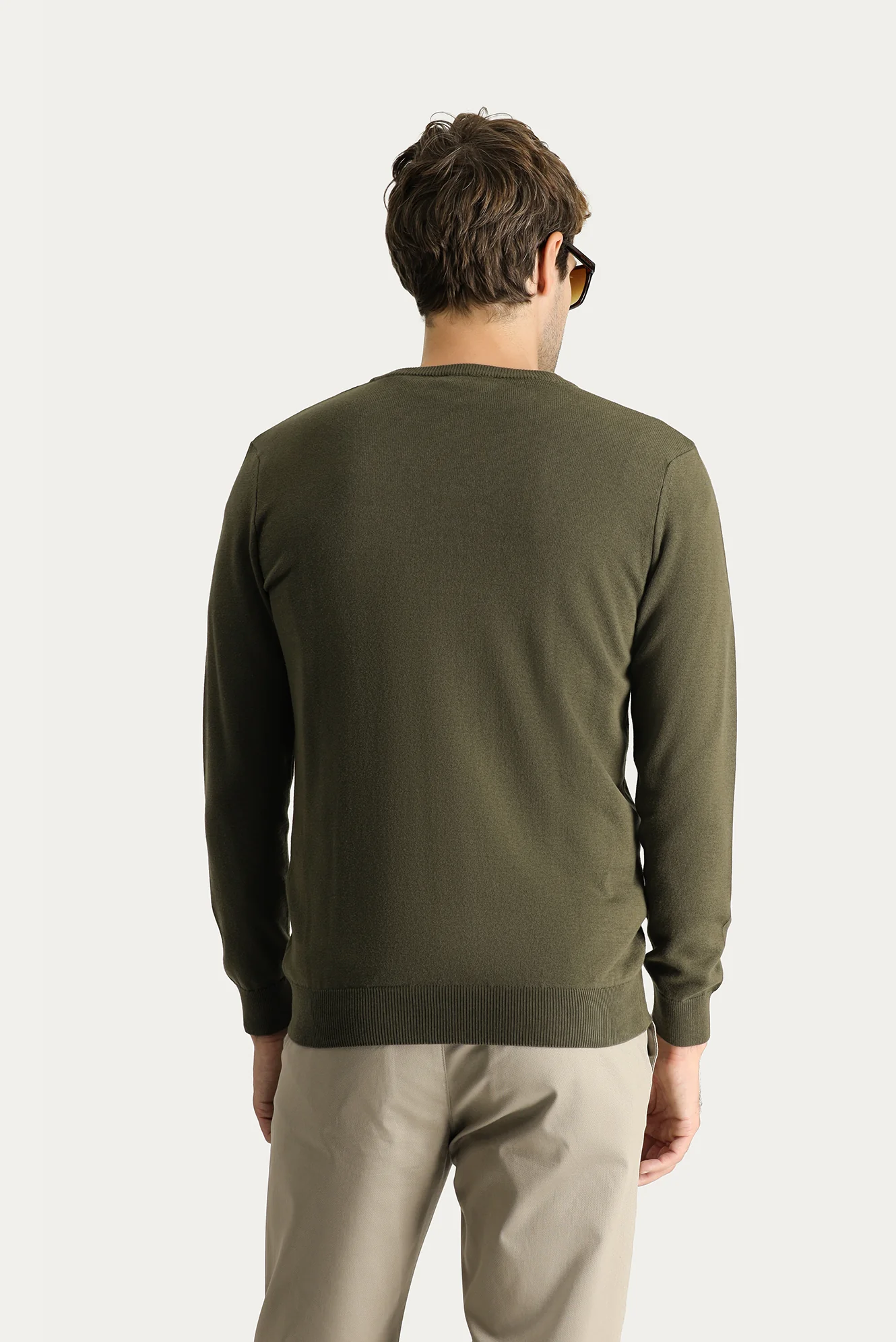 Orta Haki V Yaka Regular Fit Pamuklu Triko Kazak - Image 4