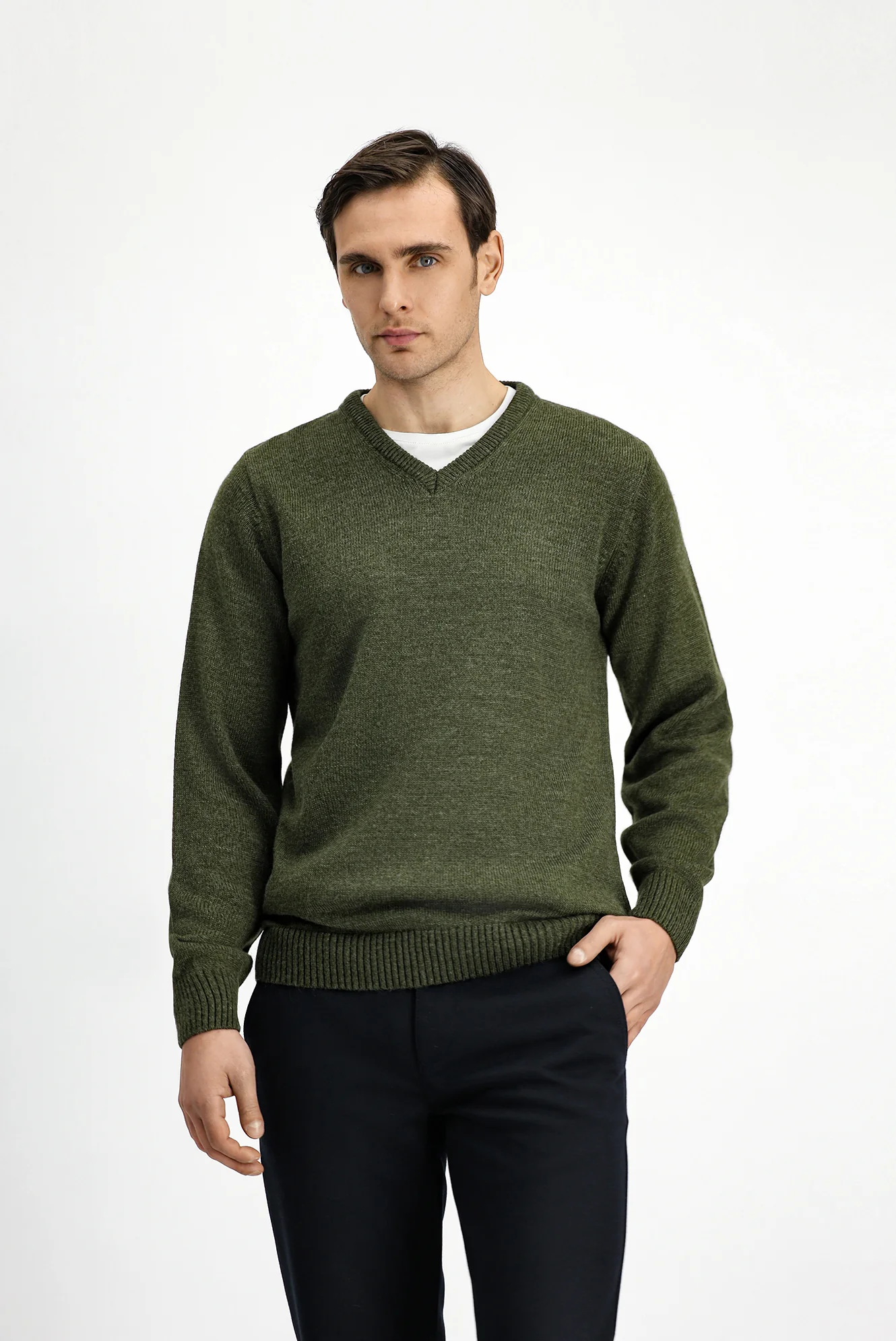 Orta Haki V Yaka Regular Fit Triko Kazak