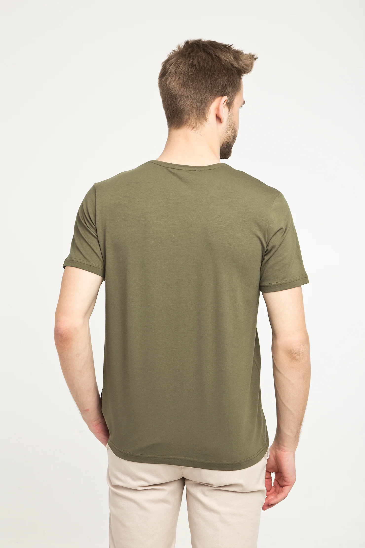 Orta Haki V Yaka Slim Fit Dar Kesim Tişört - Image 3