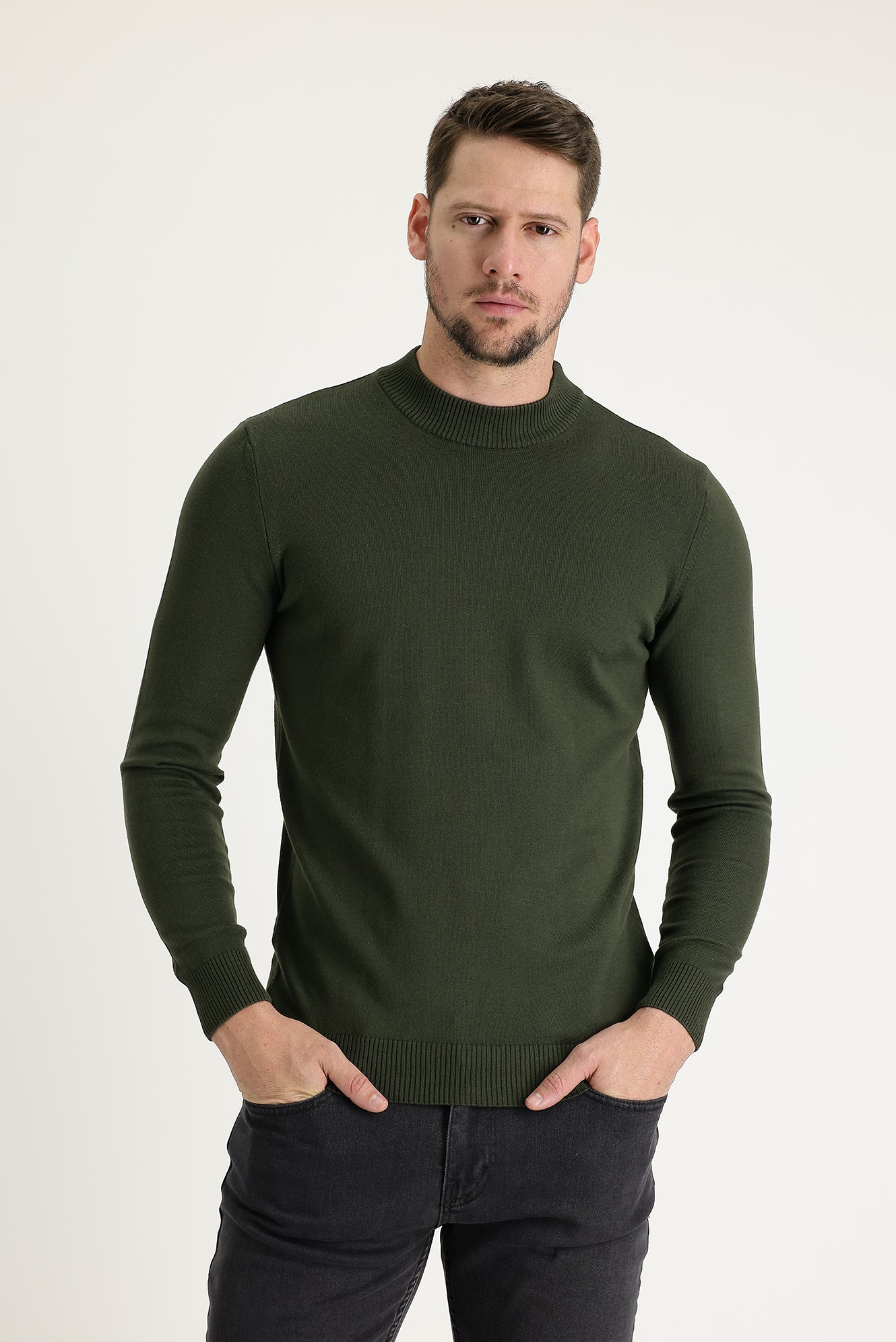Orta Haki Yarım Balıkçı Yaka Regular Fit Triko Kazak - Image 2
