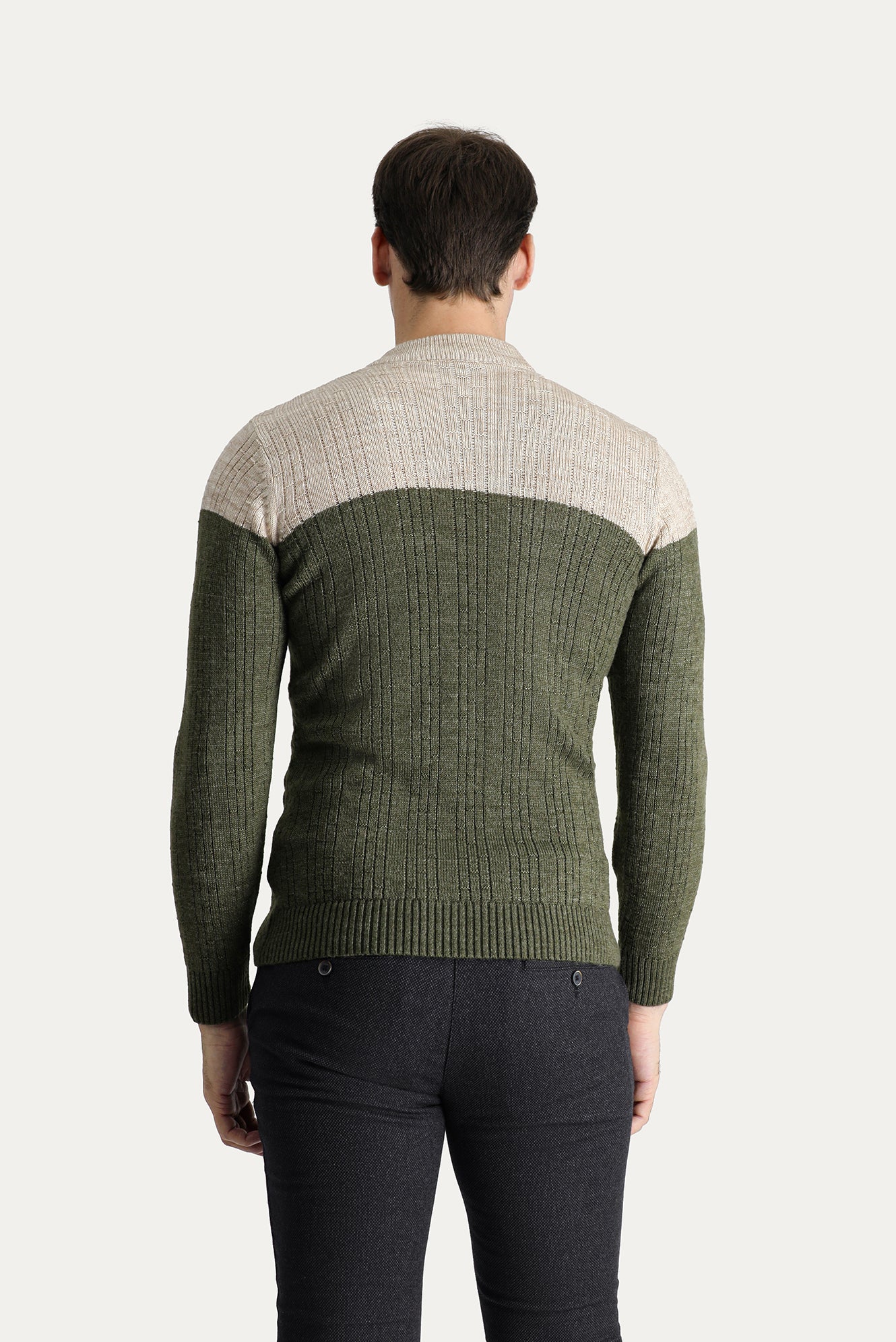 Orta Haki Yarım Balıkçı Yaka Slim Fit Dar Kesim Desenli Triko Kazak - Image 3