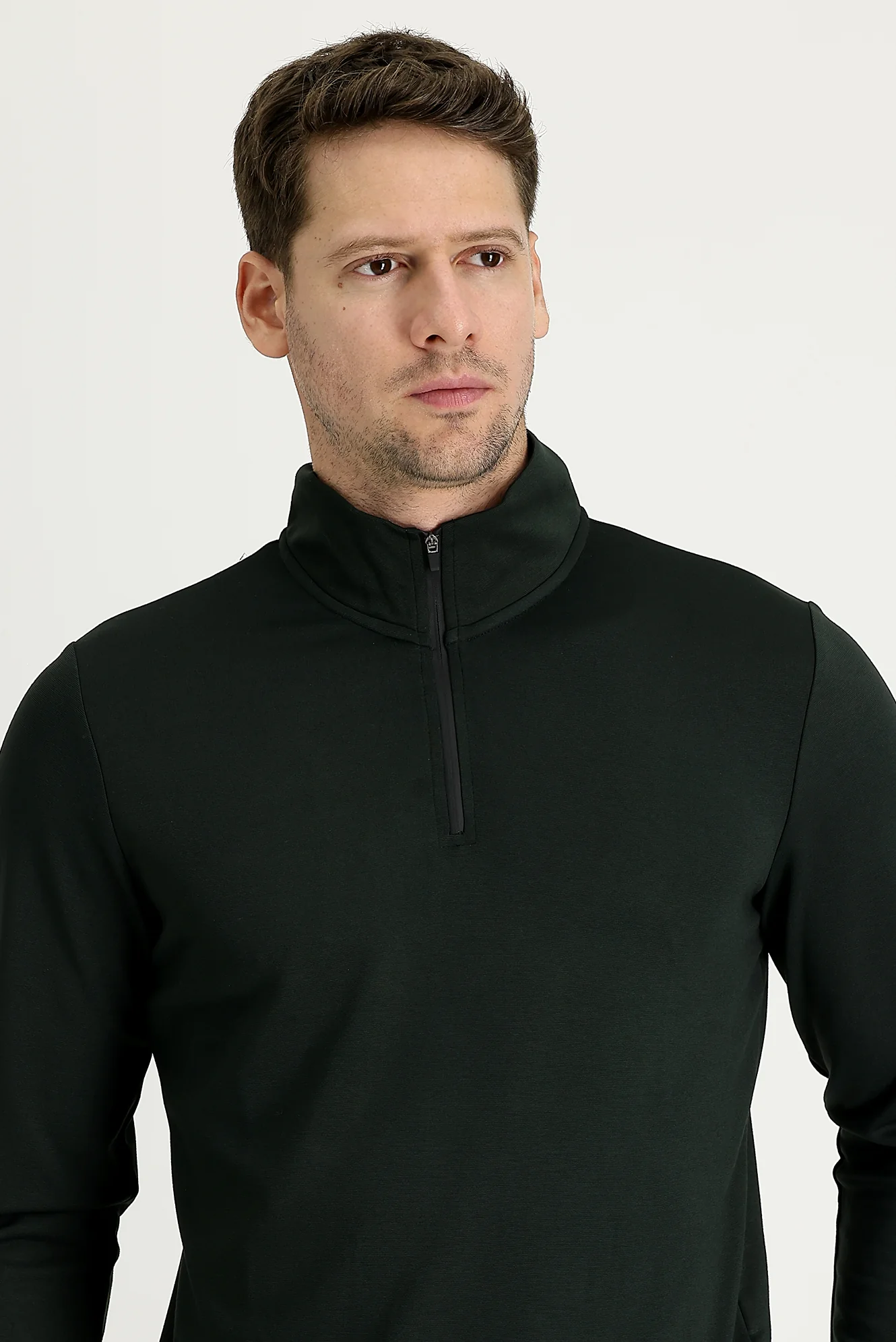 Orta Haki Yarım Balıkçı Yaka Slim Fit Dar Kesim Fermuarlı Sweatshirt - Image 2