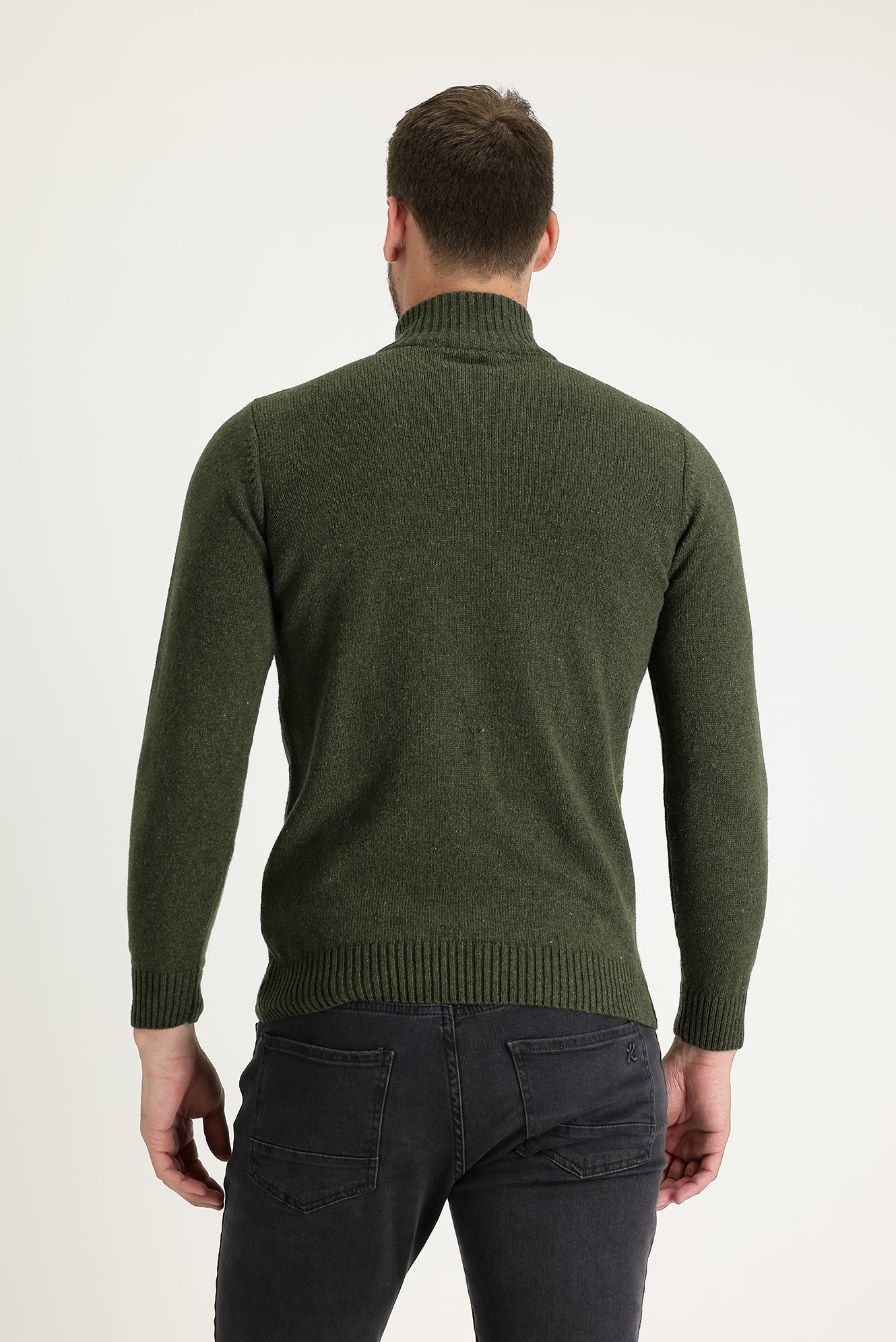 Orta Haki Yarım Balıkçı Yaka Slim Fit Dar Kesim Fermuarlı Yünlü Triko Kazak - Image 2