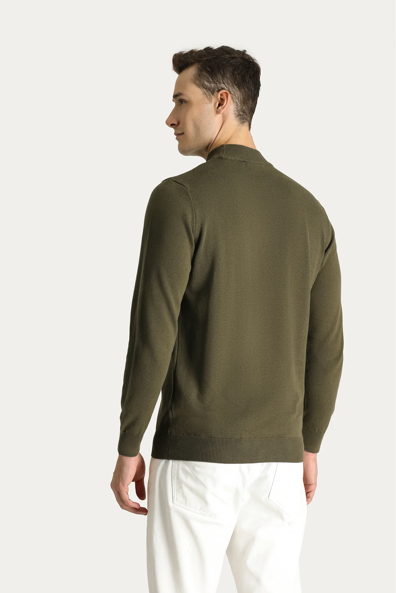 Orta Haki Yarım Balıkçı Yaka Slim Fit Dar Kesim Pamuklu Triko Kazak - Image 4