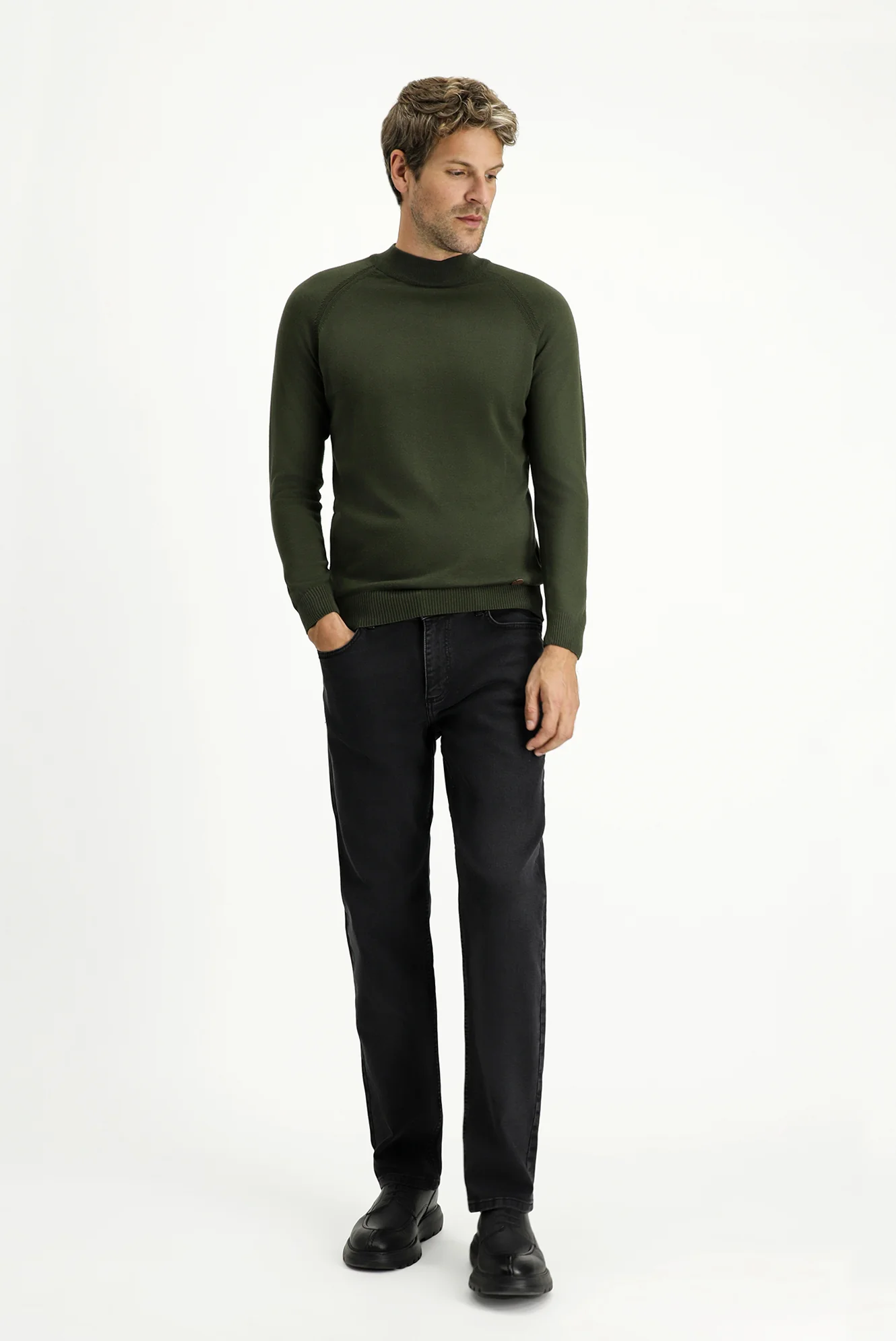 Orta Haki Yarım Balıkçı Yaka Slim Fit Dar Kesim Pamuklu Triko Kazak - Image 2