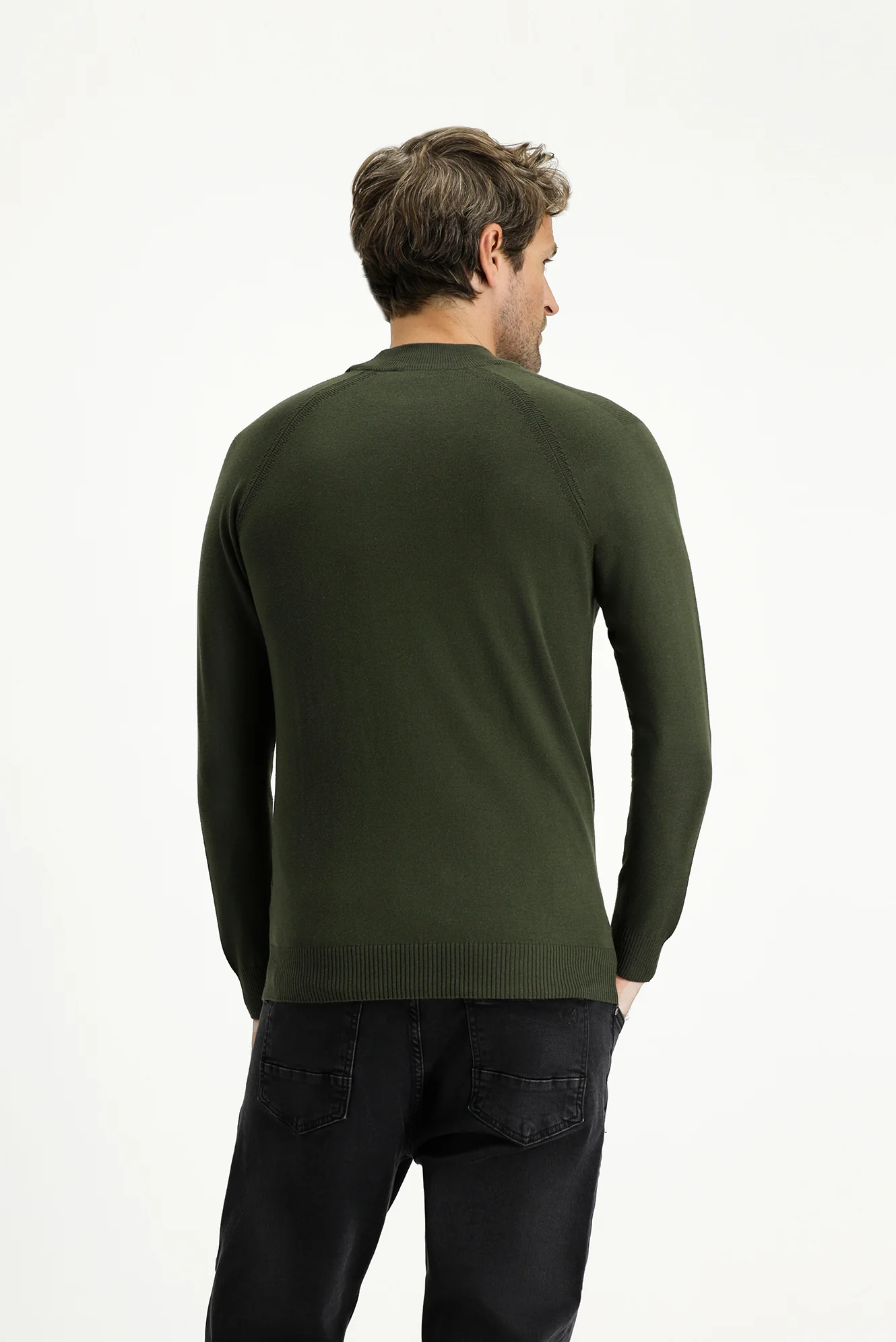 Orta Haki Yarım Balıkçı Yaka Slim Fit Dar Kesim Pamuklu Triko Kazak - Image 3