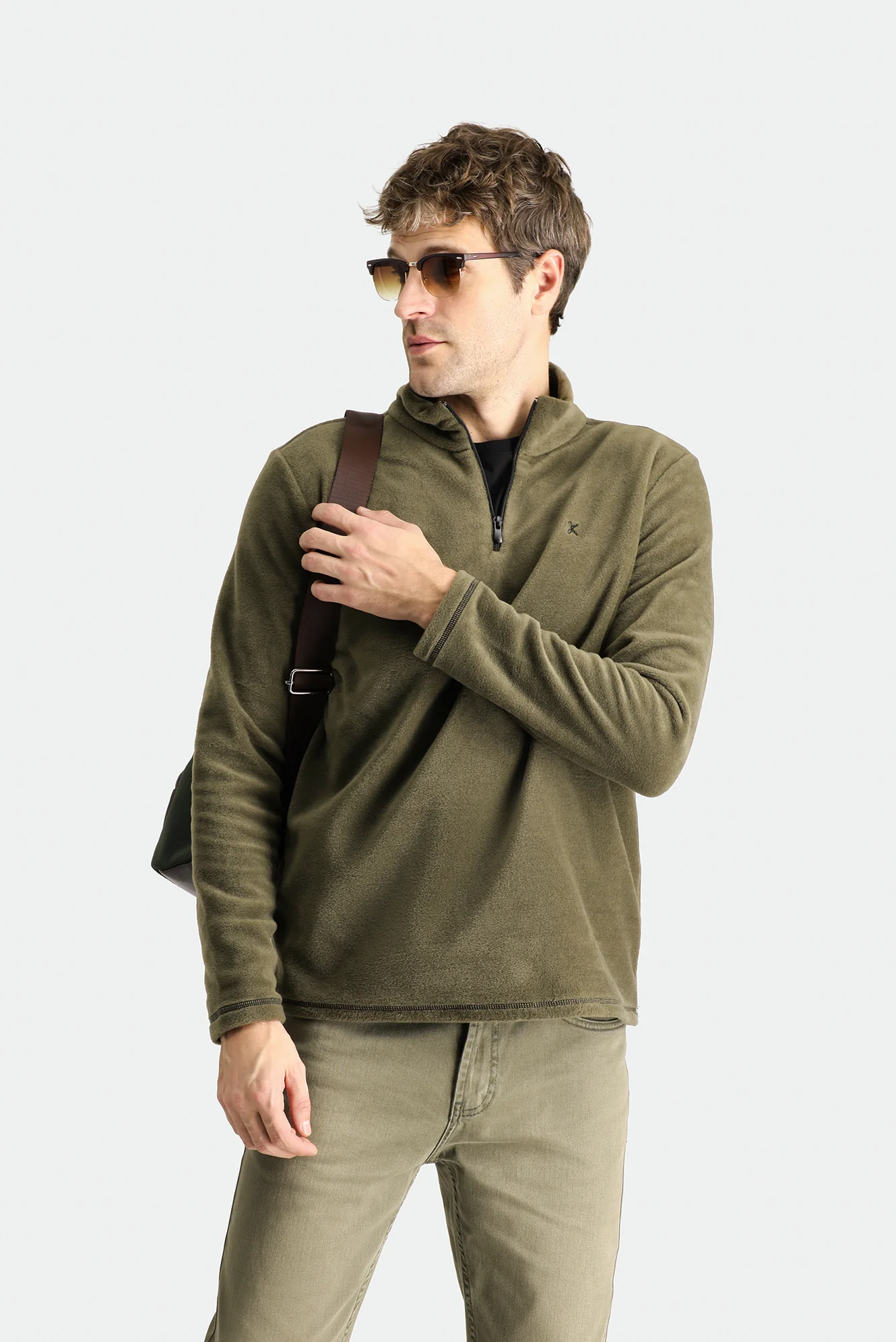 Orta Haki Yarım Fermuarlı Dik Yaka Soğuk Geçirmez Tüylenme Yapmayan Polar Sweatshirt