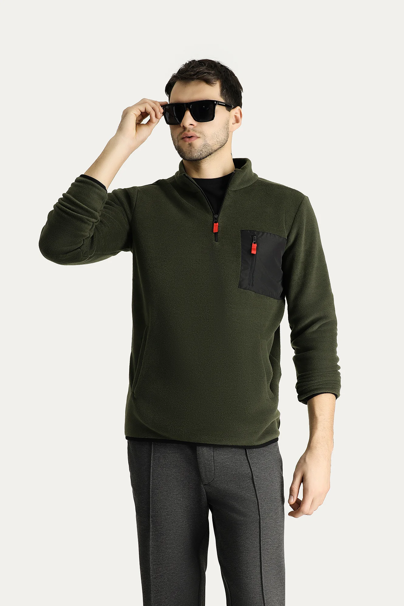Orta Haki Dik Yaka Yarım Fermuarlı Soğuk Geçirmez Tüylenme Yapmayan Cep Detaylı Polar Sweatshirt - Image 2