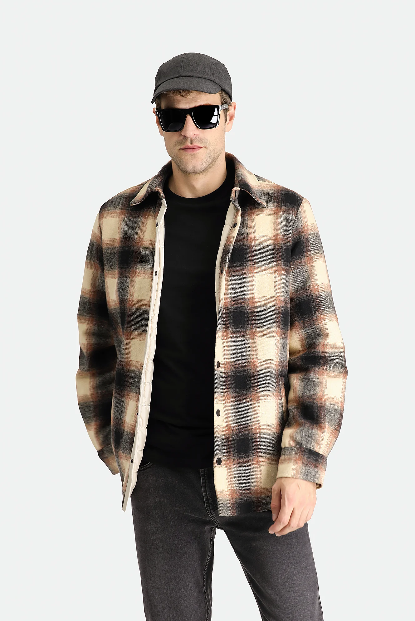 Orta Kahve Oversize Ekose Shacket Oduncu Yünlü Pamuklu Gömlek / Mont