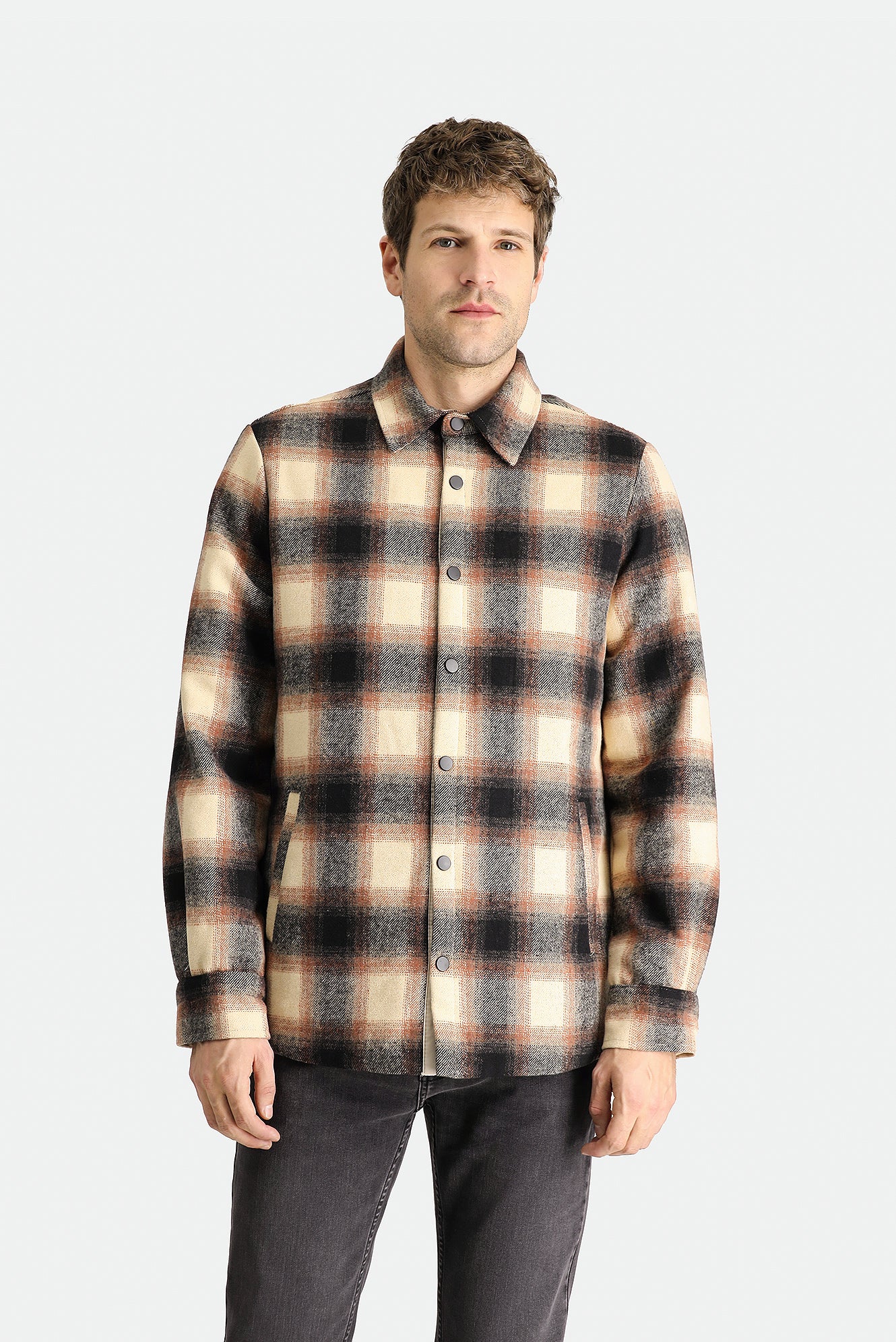 Orta Kahve Oversize Ekose Shacket Oduncu Yünlü Pamuklu Gömlek / Mont - Image 3