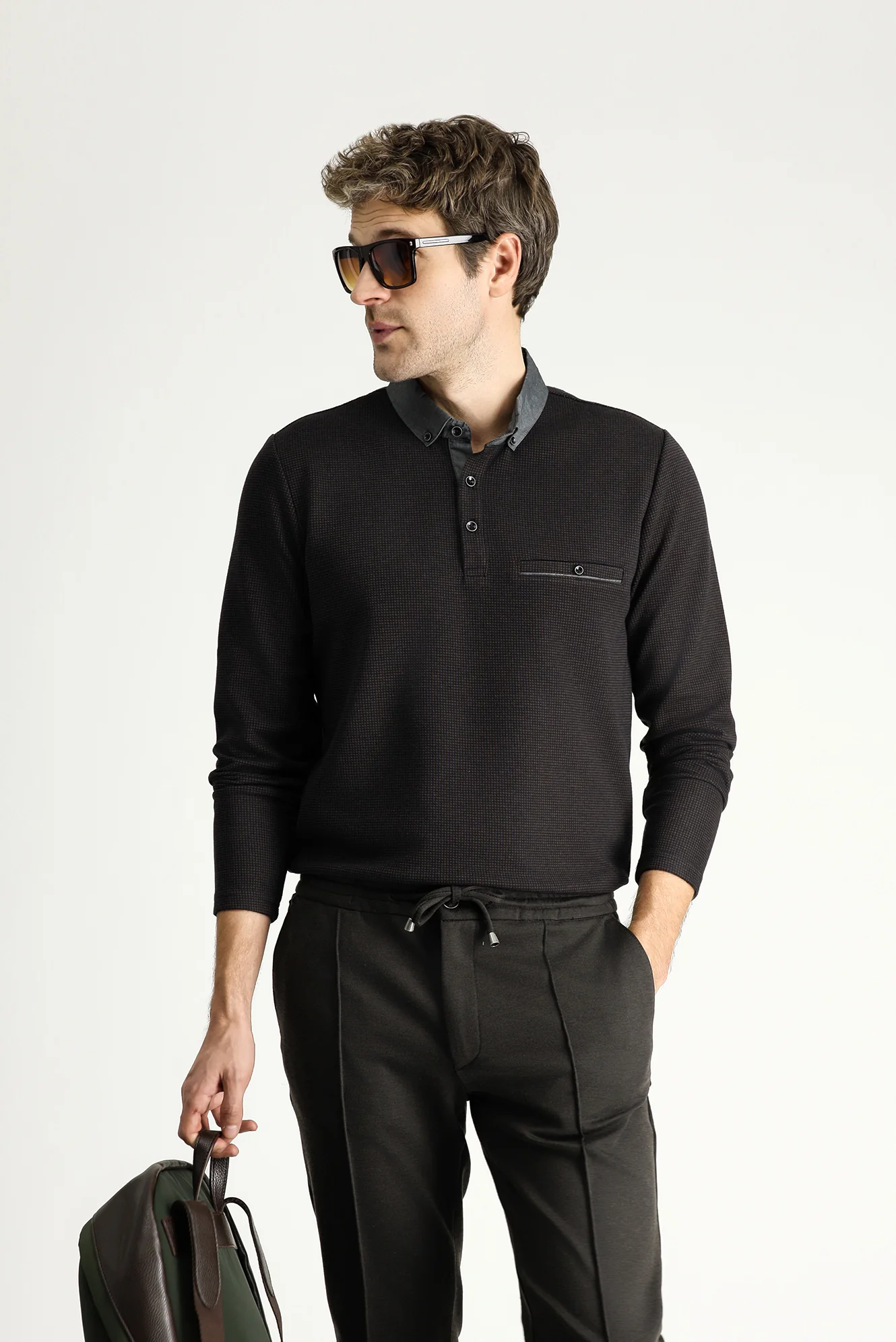 Orta Kahve Polo Yaka Desenli Sweatshirt
