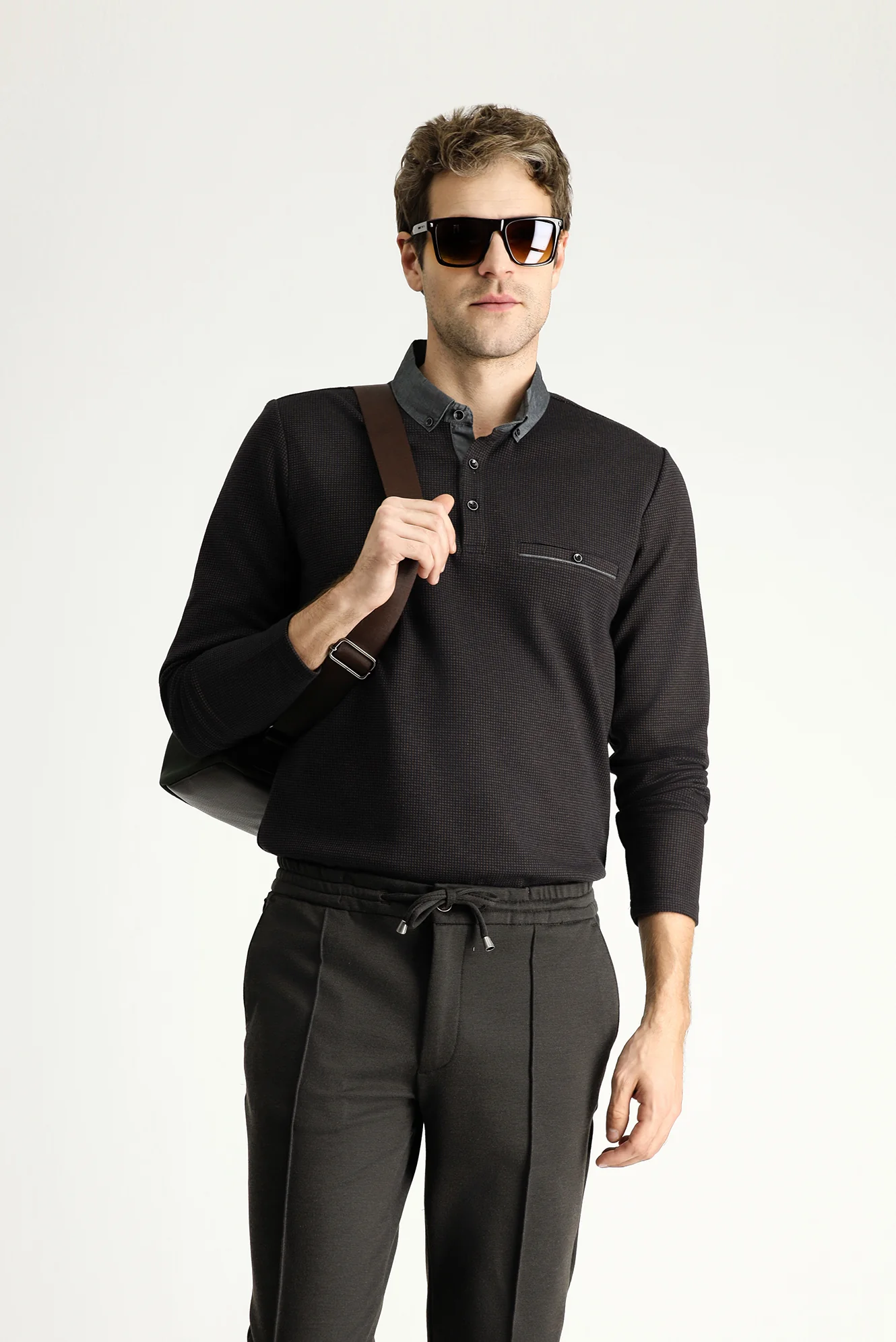 Orta Kahve Polo Yaka Desenli Sweatshirt - Image 2