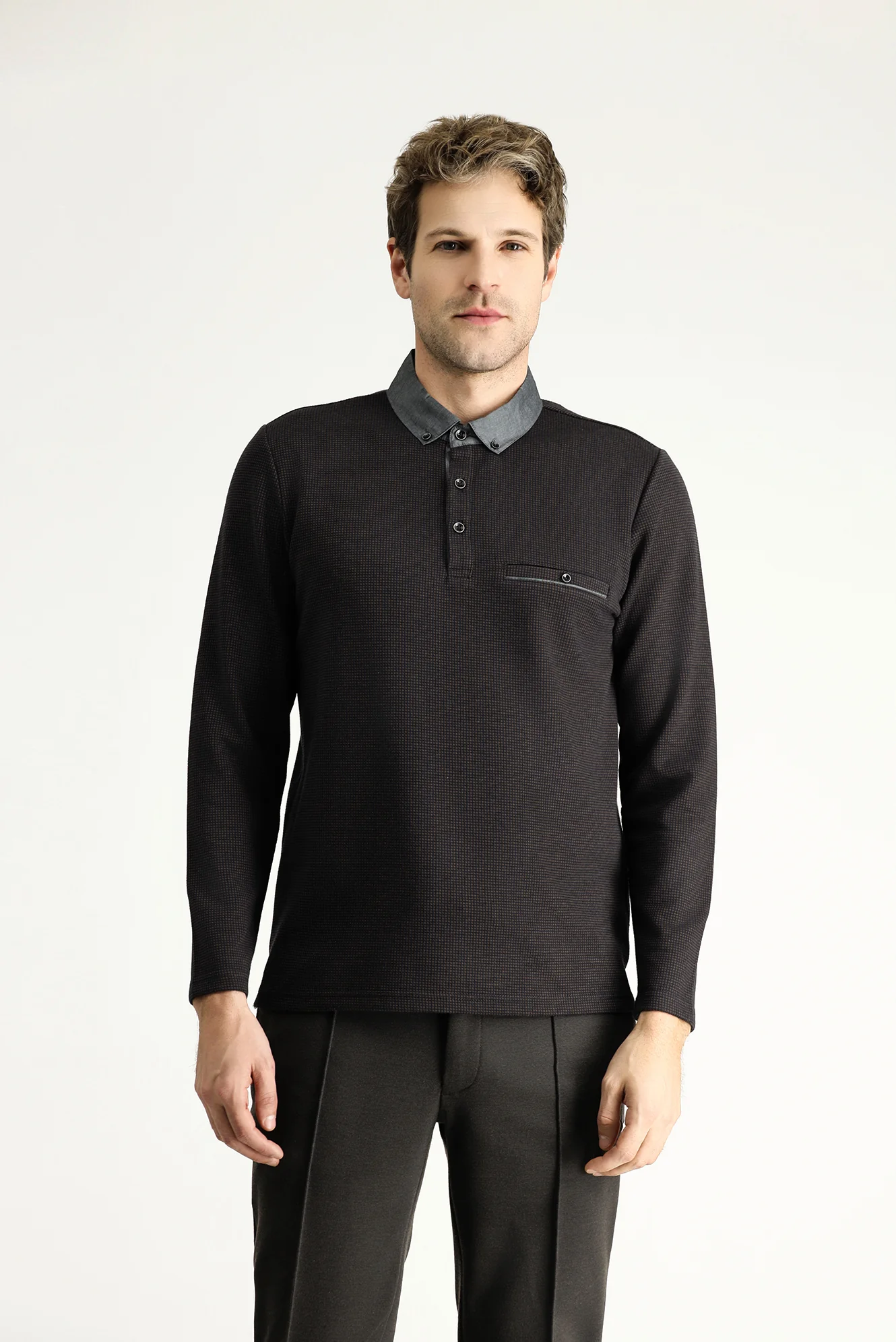 Orta Kahve Polo Yaka Desenli Sweatshirt - Image 3
