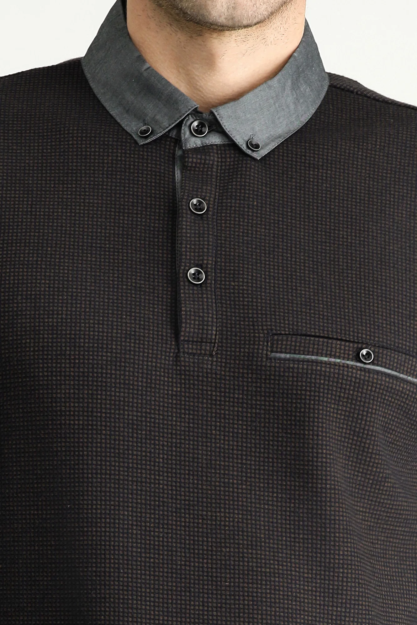 Orta Kahve Polo Yaka Desenli Sweatshirt - Image 5