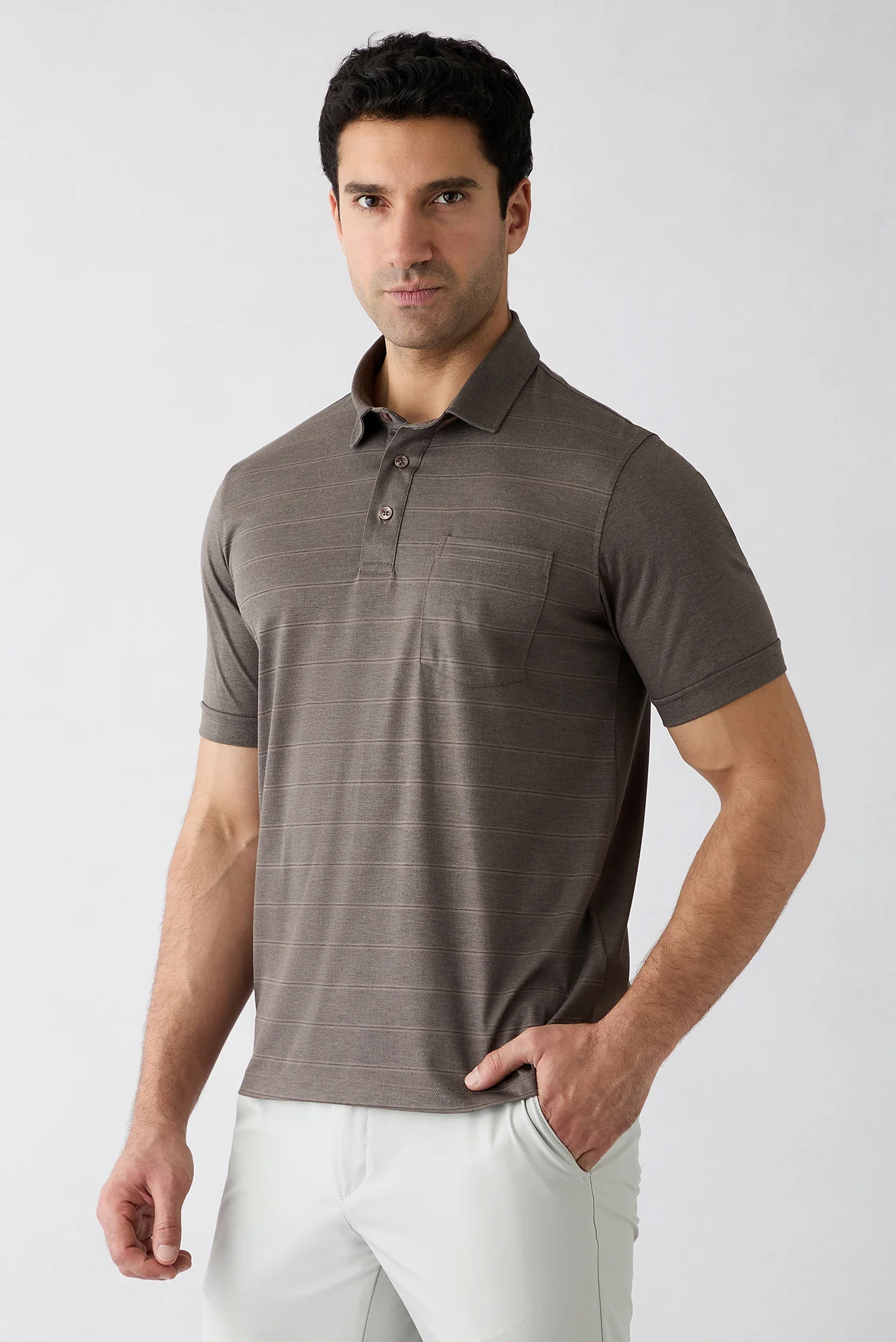 Orta Kahve Regular Fit Çizgili Cepli Düğmeli Polo Yaka Tişört - Image 2