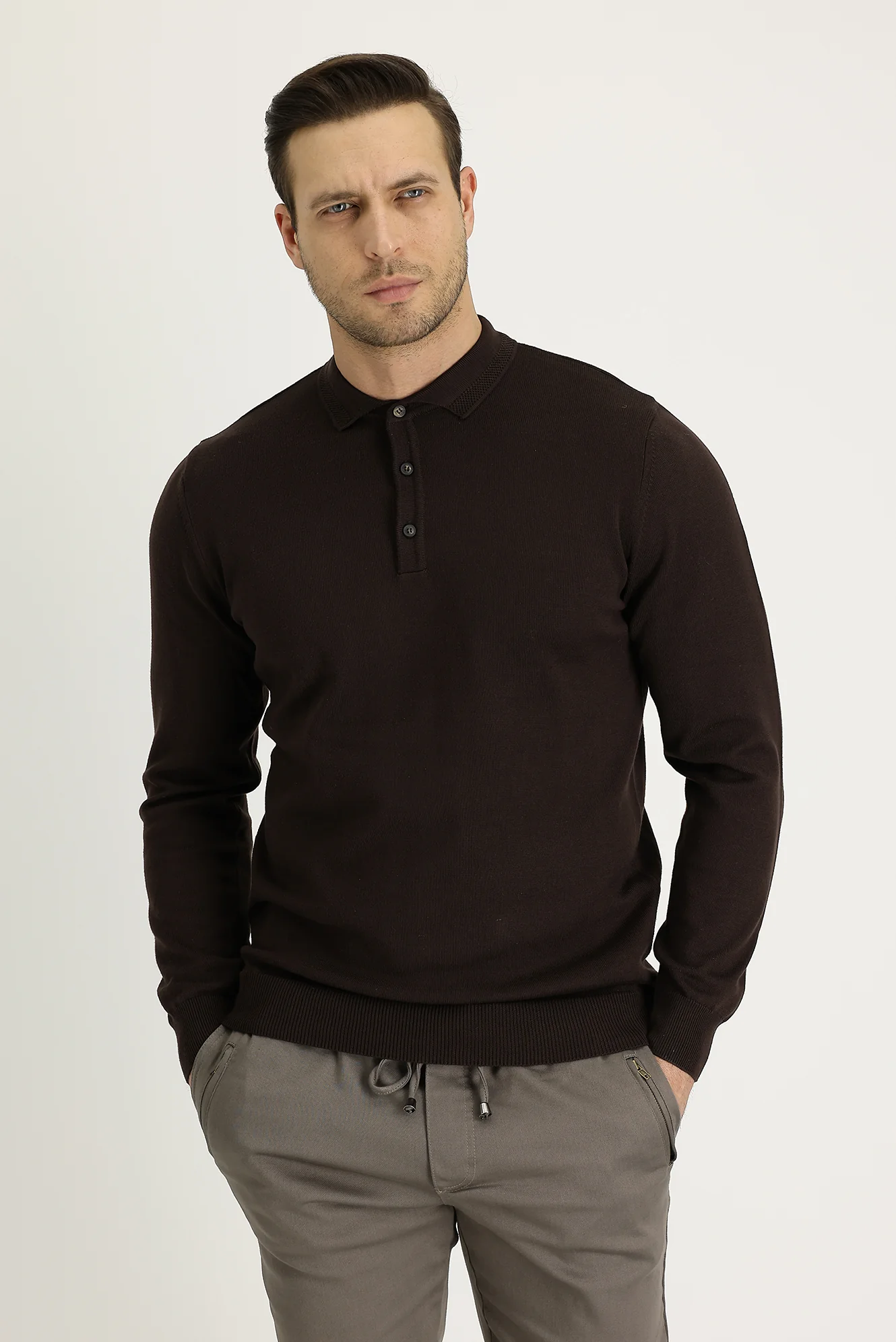 Orta Kahve Polo Yaka Regular Fit Triko Kazak - Image 2