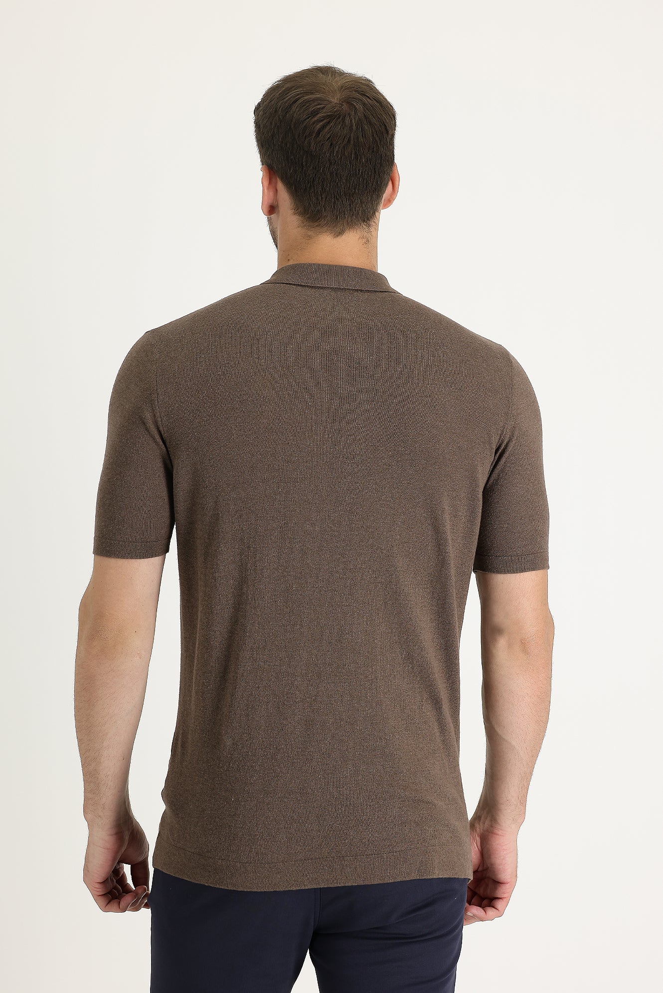 Orta Kahve Polo Yaka Slim Fit Dar Kesim Keten Tişört - Image 3
