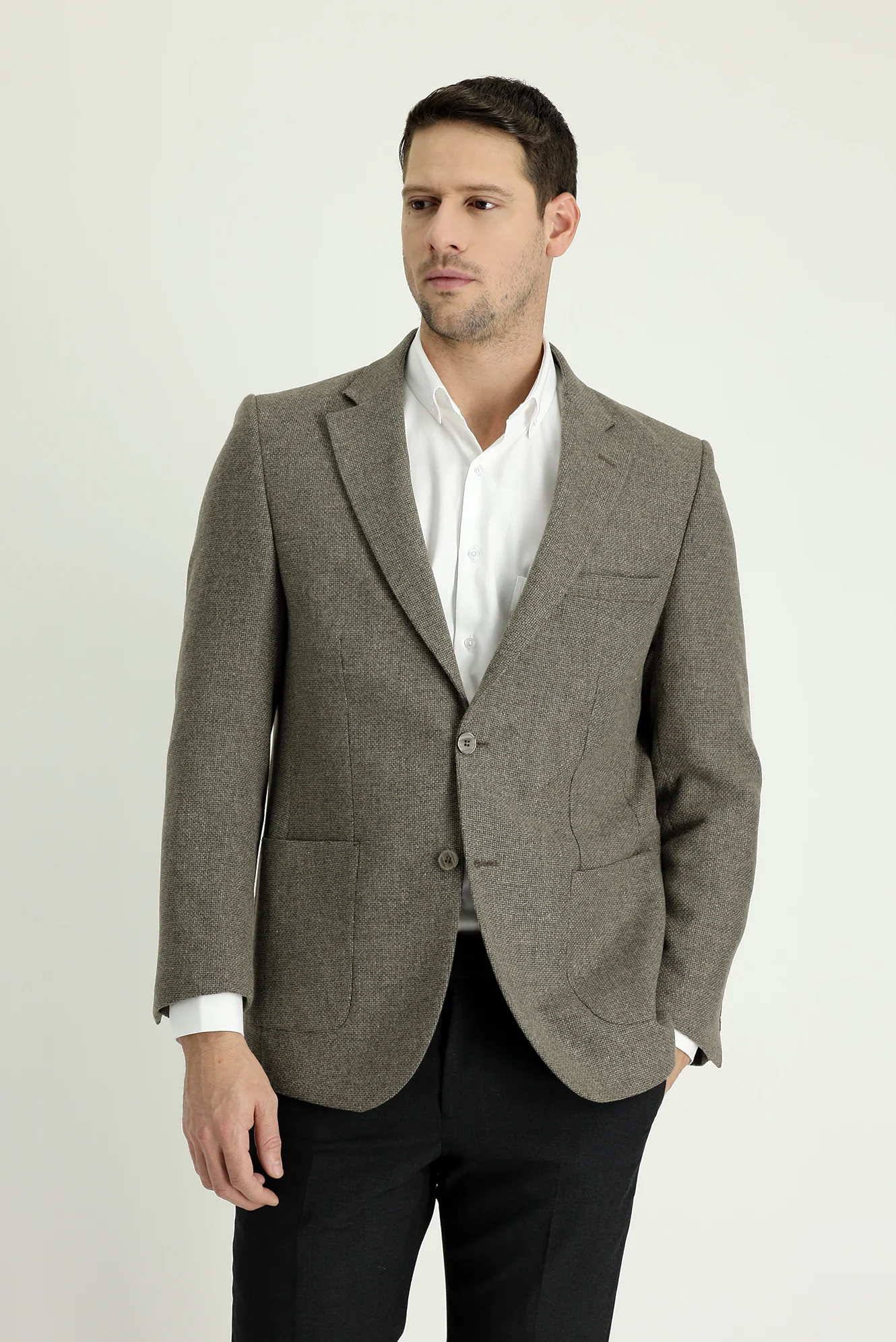 Orta Kahve 7 Drop Slim Fit Dar Kesim Desenli Yünlü Ceket - Image 2