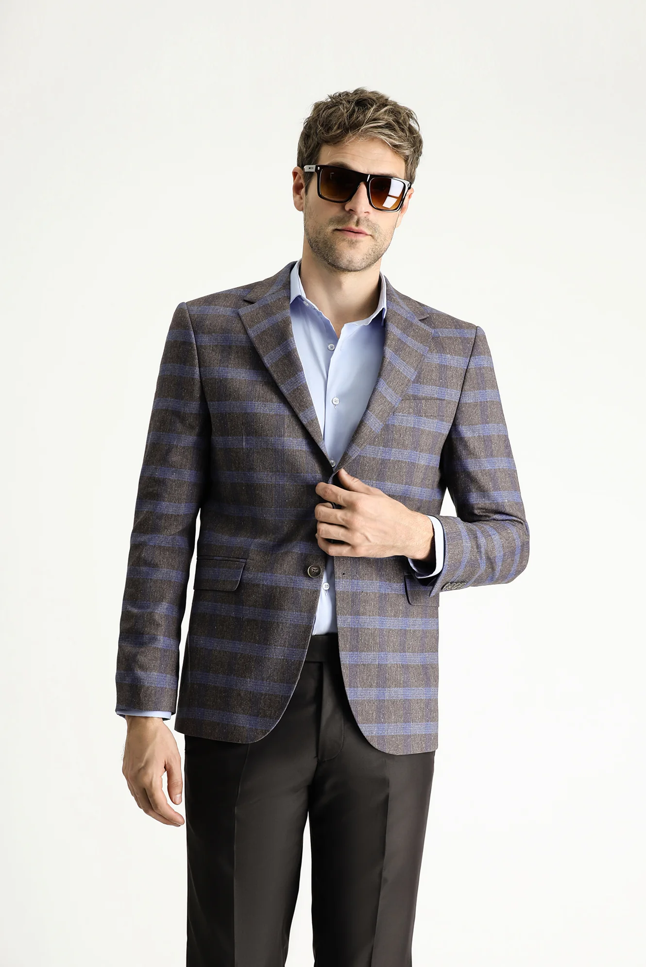 Orta Kahve 6 Drop Regular Fit Standart Kesim Ekose Keten Karışımlı Ceket - Image 3