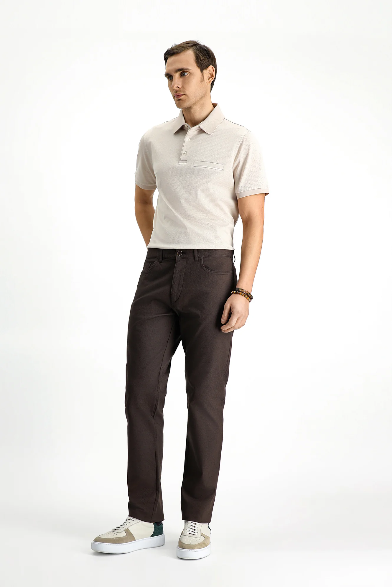 Orta Kahve Regular Fit Standart Kesim Likralı Desenli Kanvas / Chino Pantolon - Image 2