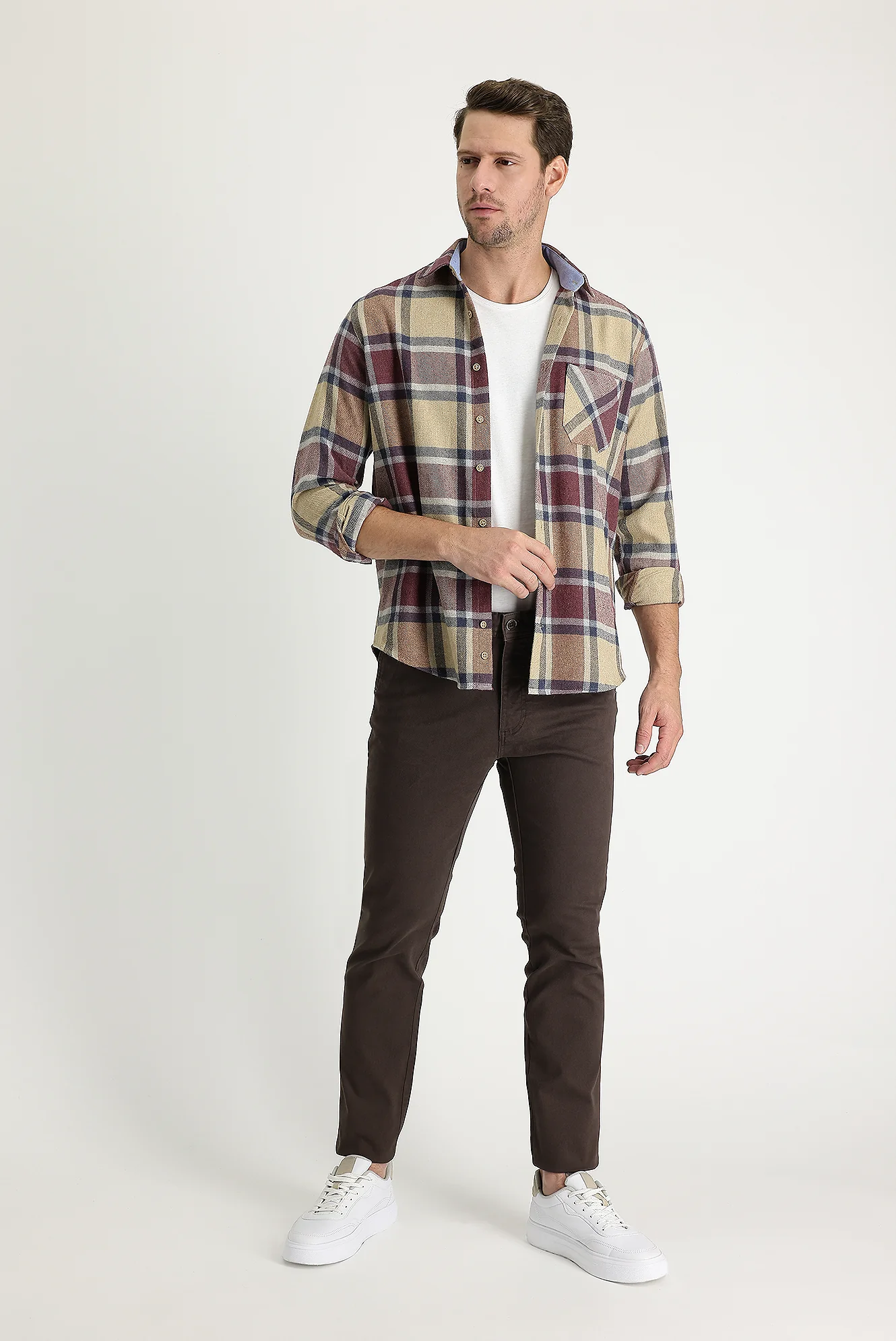 Orta Kahve Regular Fit Standart Kesim Likralı Kanvas / Chino Pantolon