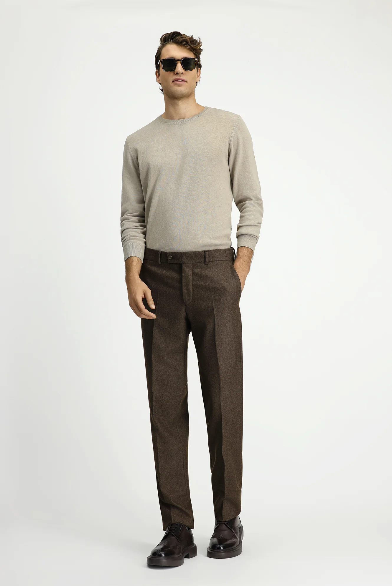 Orta Kahve 6 Drop Regular Fit Standart Kesim Yünlü Pileli Flanel Klasik Kumaş Pantolon