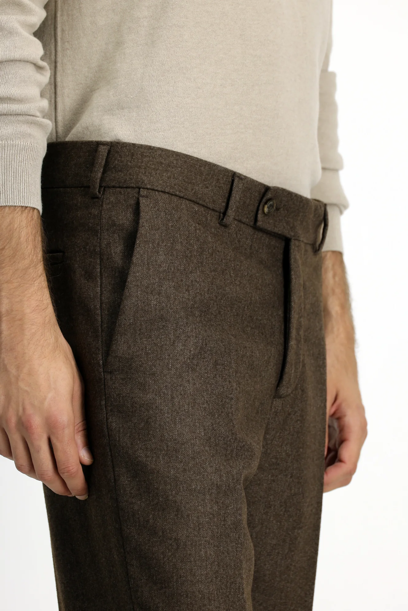 Orta Kahve 6 Drop Regular Fit Standart Kesim Yünlü Pileli Flanel Klasik Kumaş Pantolon - Image 5