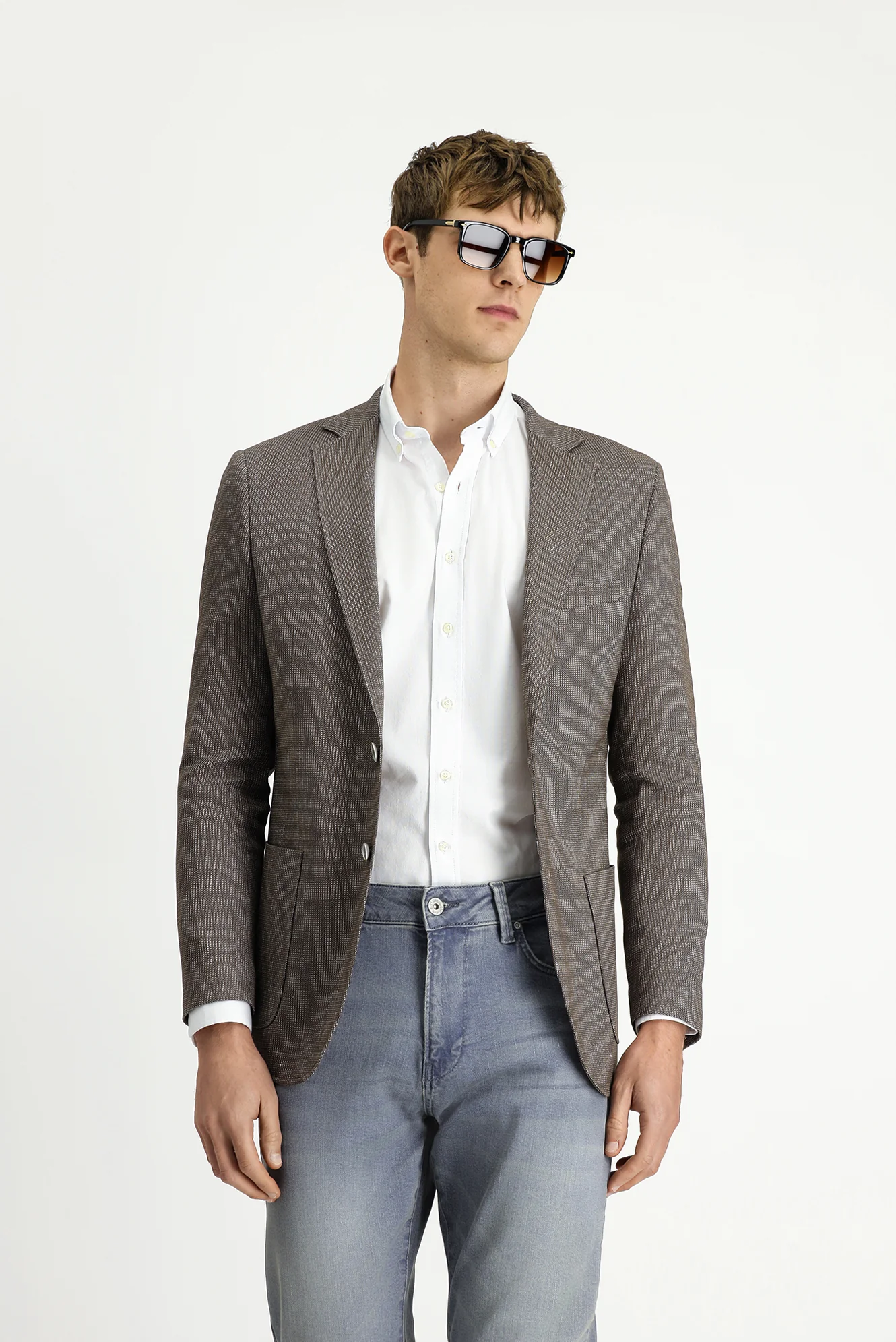 Orta Kahve 4 Drop Relaxed Fit Rahat Kesim Keten Karışımlı Çizgili Spor Ceket - Image 3