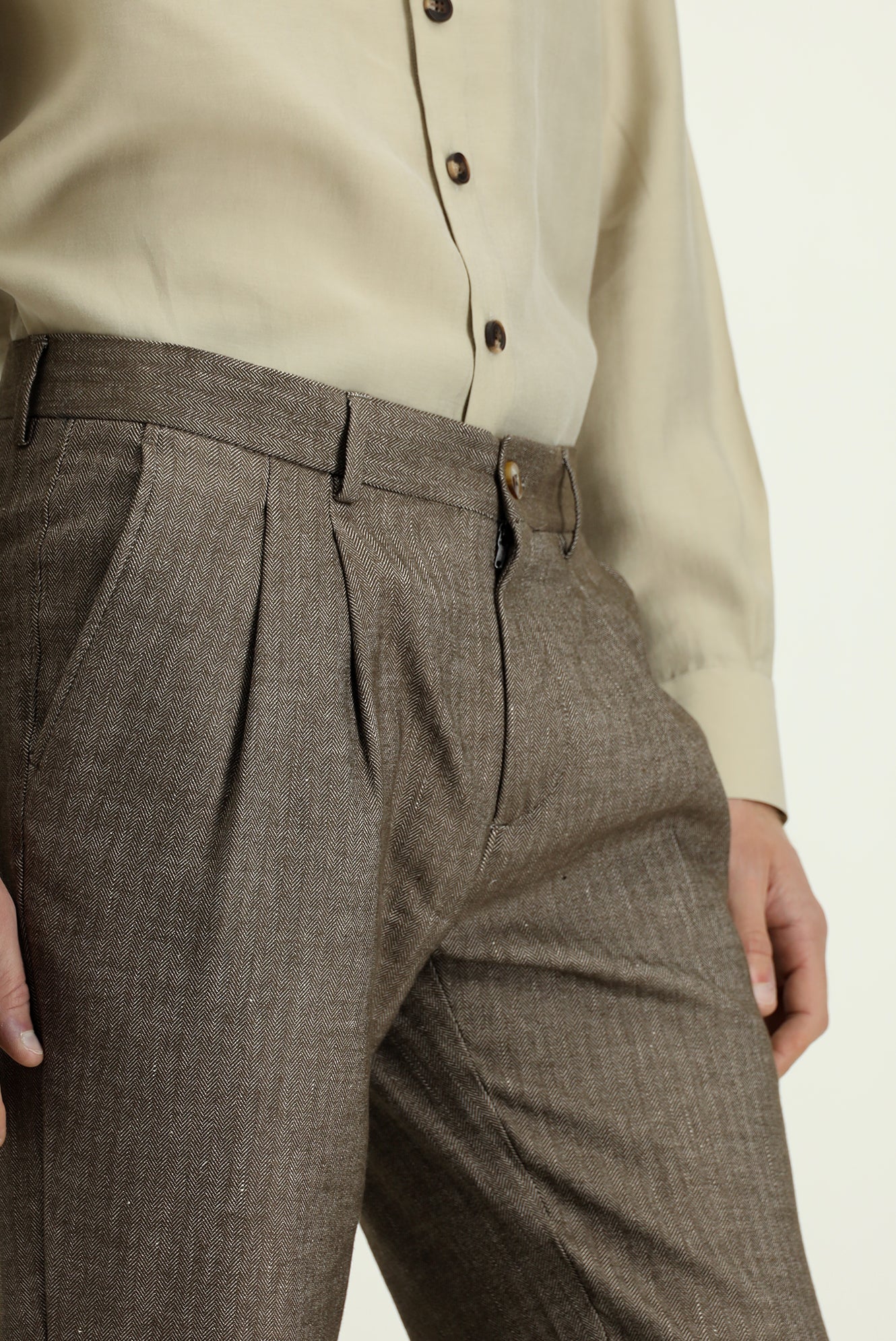 Orta Kahve 7 Drop Slim Fit Dar Kesim Desenli Keten Karışımlı Pileli Klasik Kumaş Pantolon - Image 4