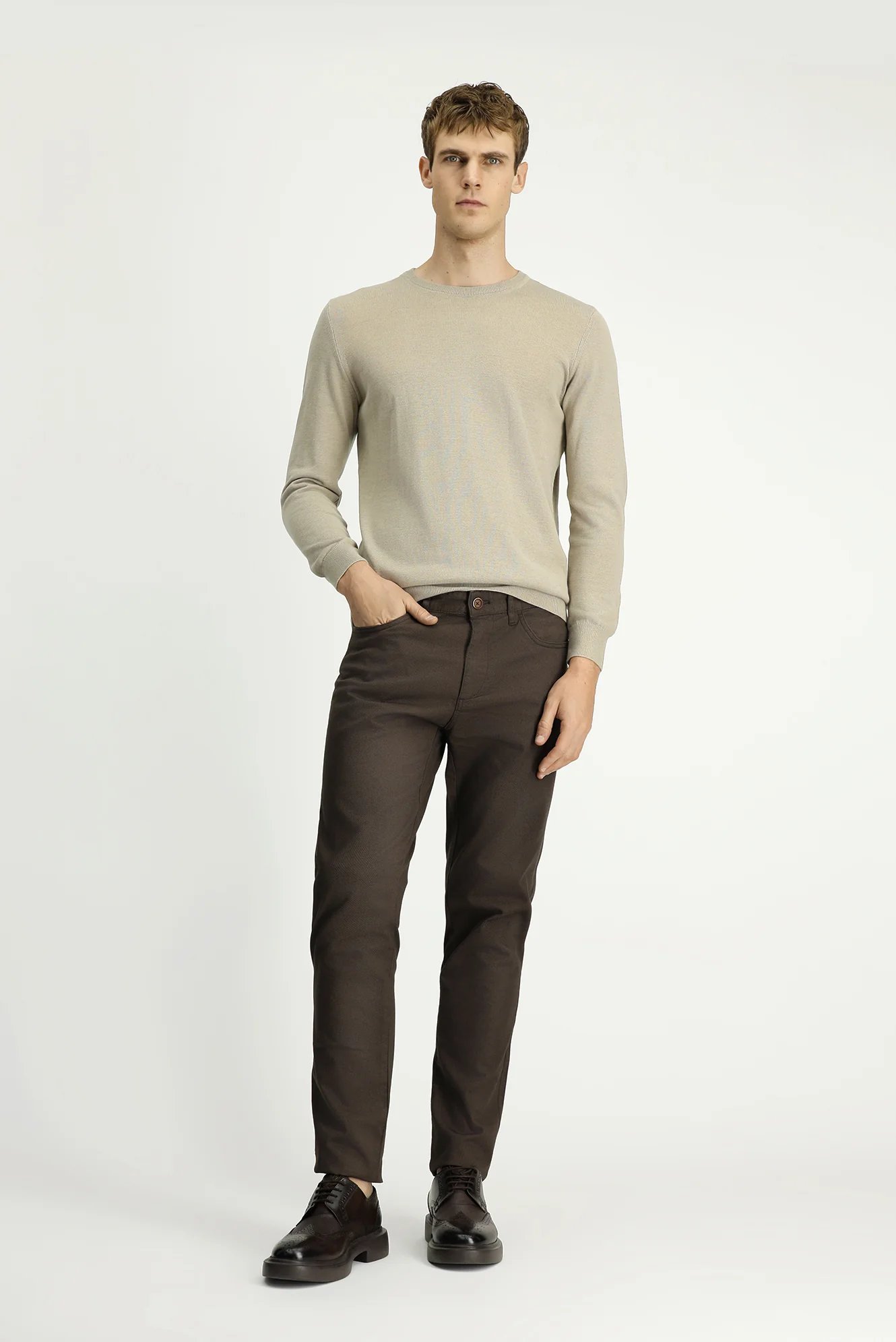 Orta Kahve Slim Fit Dar Kesim Desenli Likralı Kanvas / Chino Pantolon - Image 3