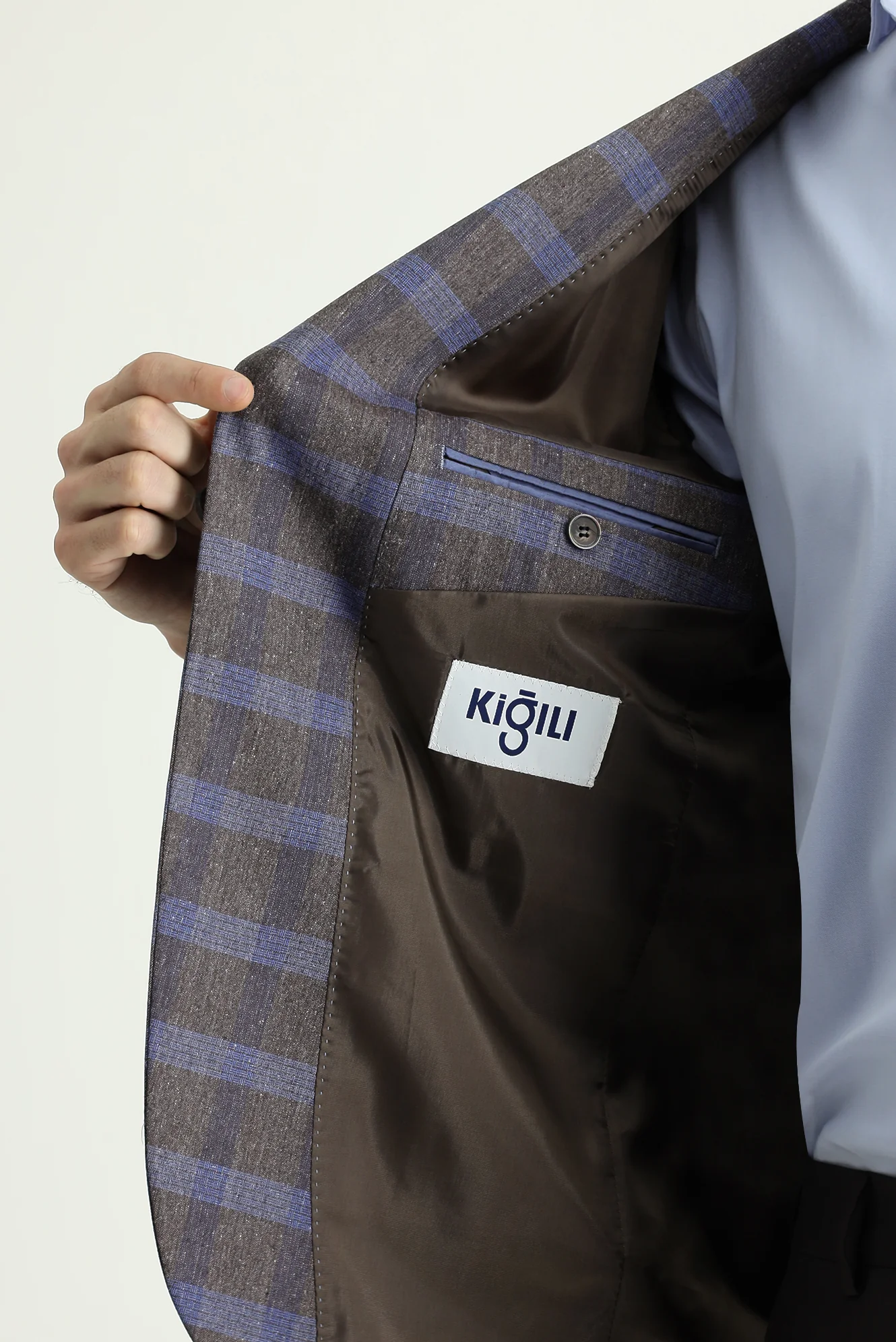 Orta Kahve 7 Drop Slim Fit Dar Kesim Ekose Keten Karışımlı Ceket - Image 5