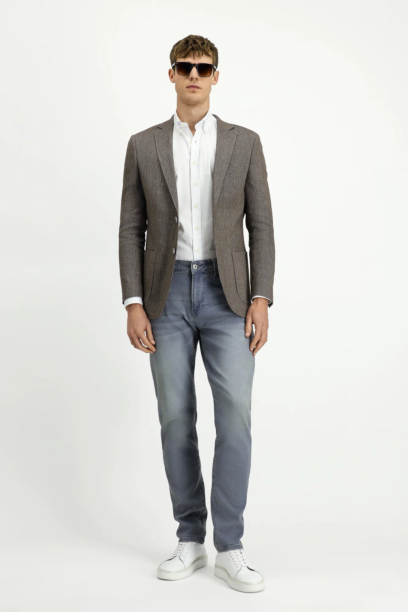 Orta Kahve 7 Drop Slim Fit Dar Kesim Keten Karışımlı Çizgili Spor Ceket - Image 2