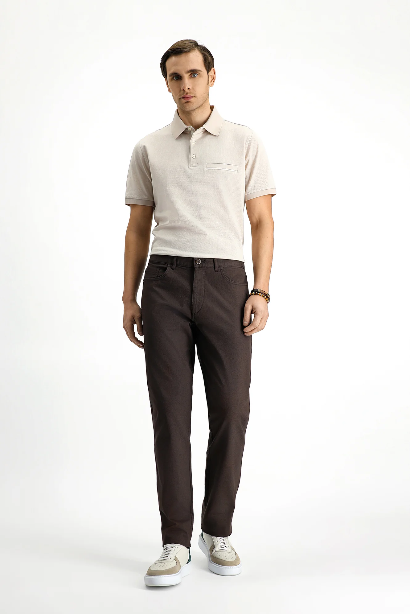 Orta Kahve Slim Fit Dar Kesim Likralı Desenli Kanvas / Chino Pantolon