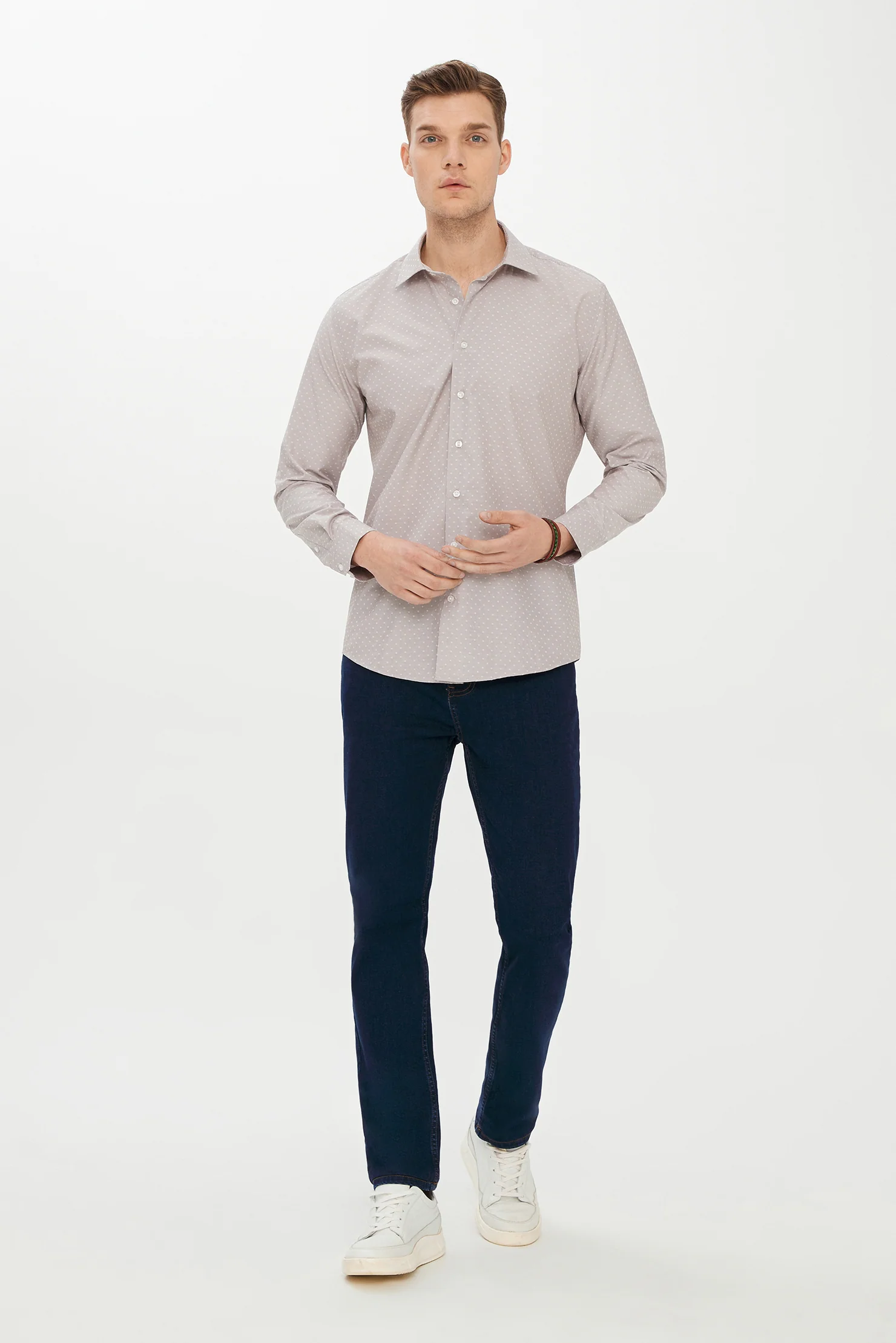 Orta Kahve Uzun Kol Slim Fit Dar Kesim Desenli Gömlek