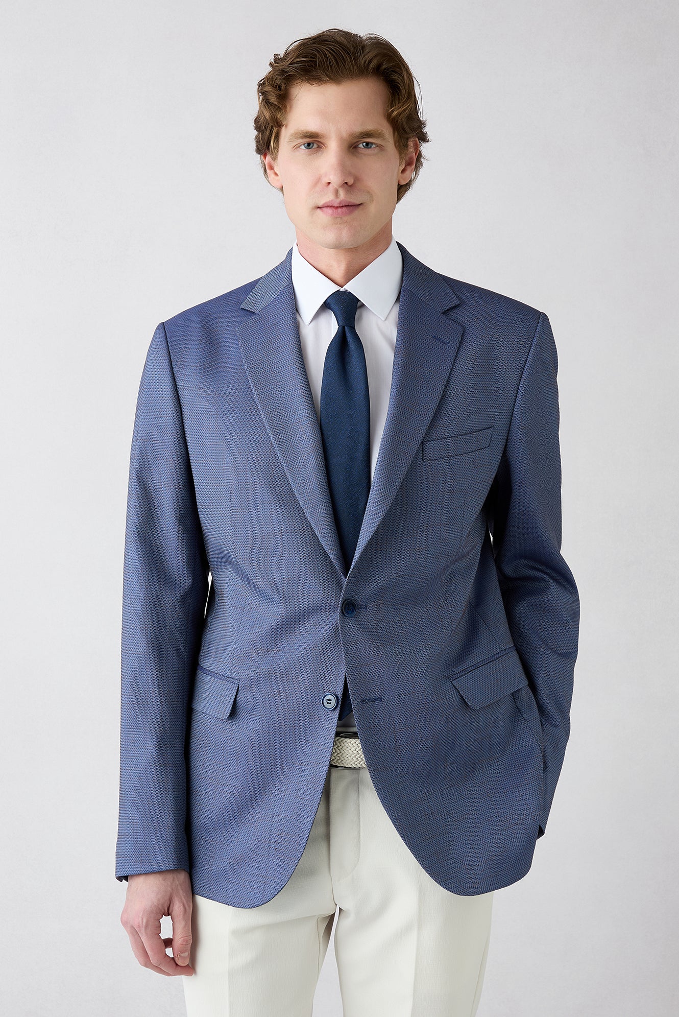 Orta Lacivert 4 Drop Relaxed Fit Rahat Kesim Mono Yaka Desenli Likralı Klasik Ceket