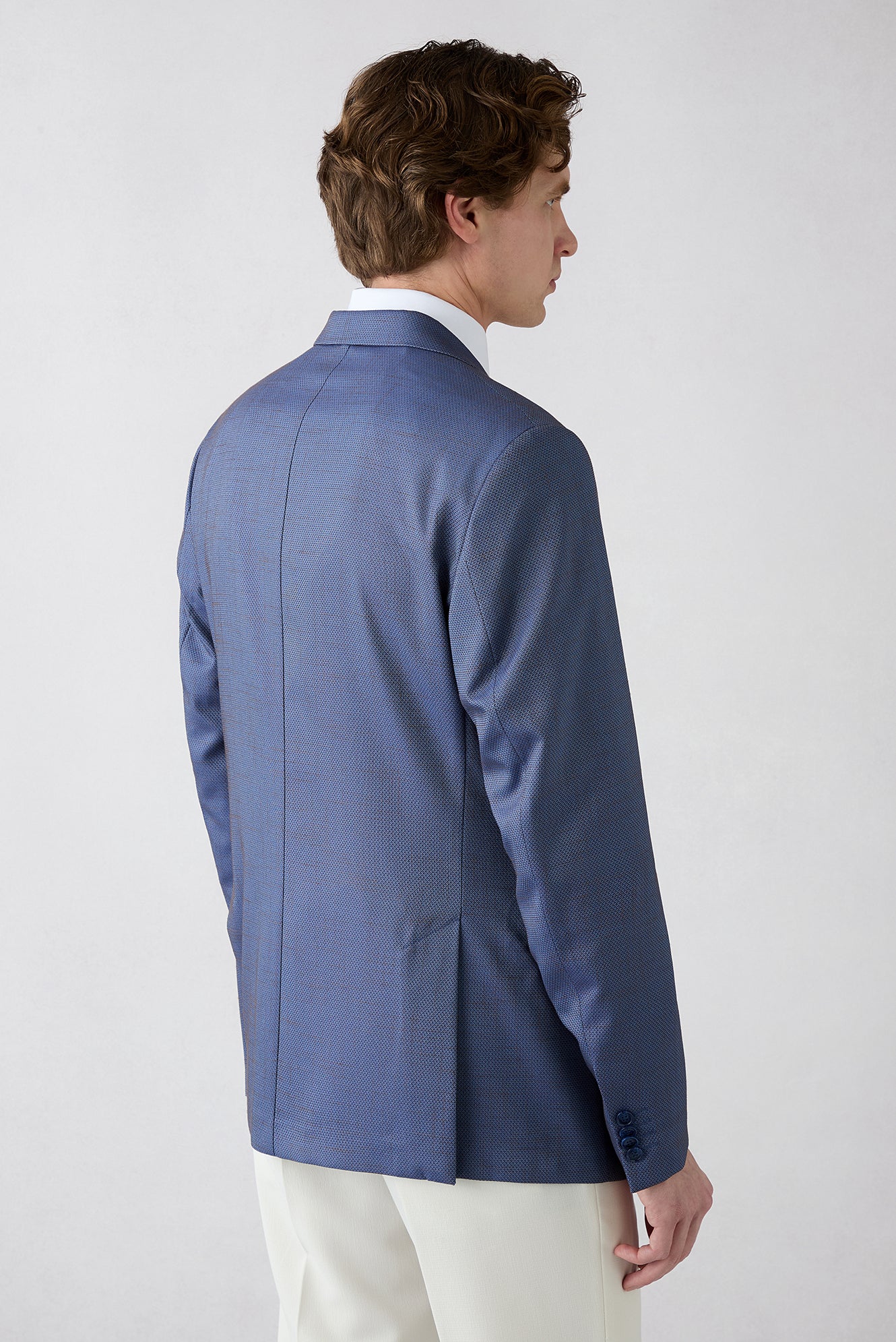 Orta Lacivert 4 Drop Relaxed Fit Rahat Kesim Mono Yaka Desenli Likralı Klasik Ceket - Image 6
