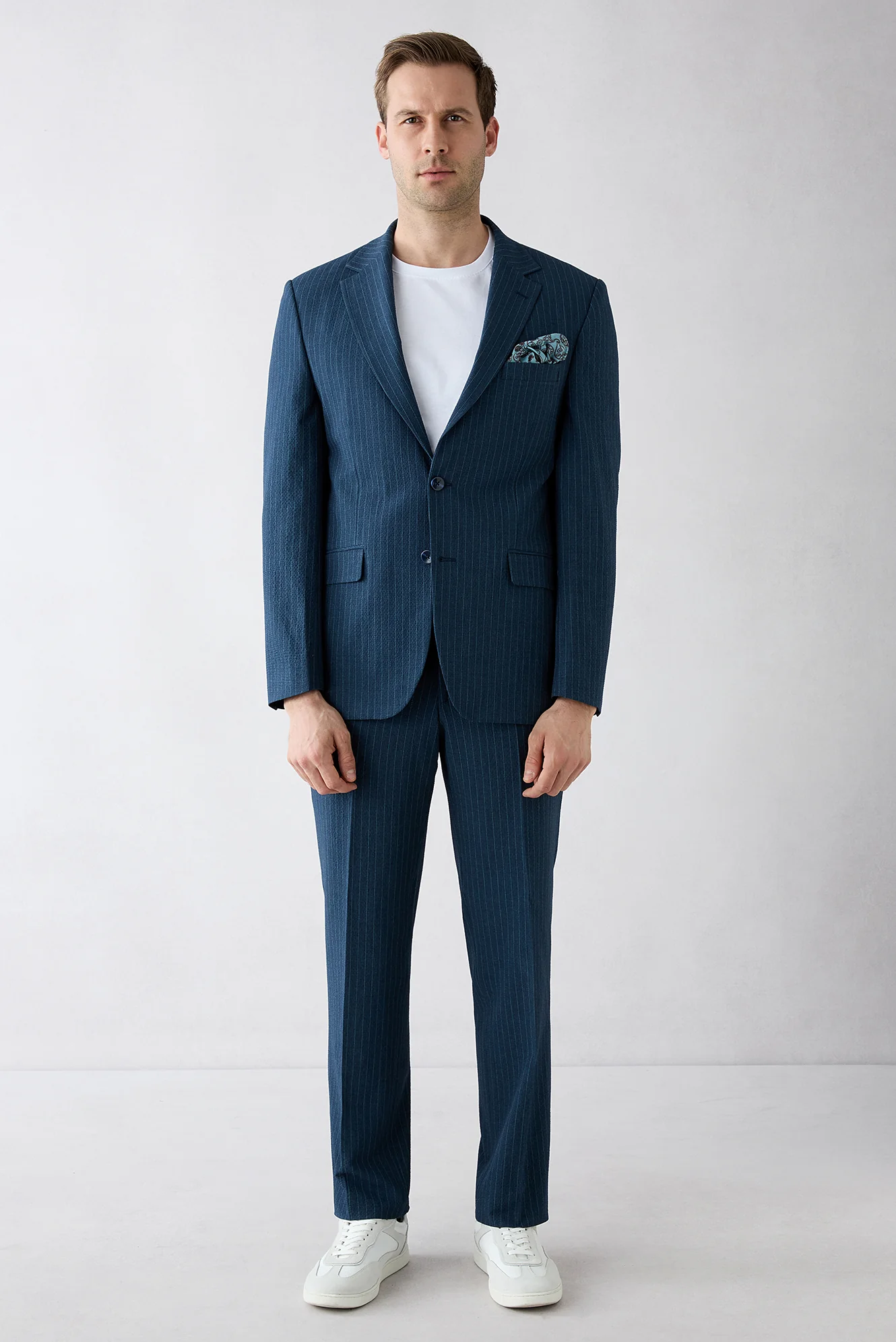 Orta Lacivert 4 Drop Relaxed Fit Rahat Kesim Mono Yaka Çizgili Takım Elbise - Image 2