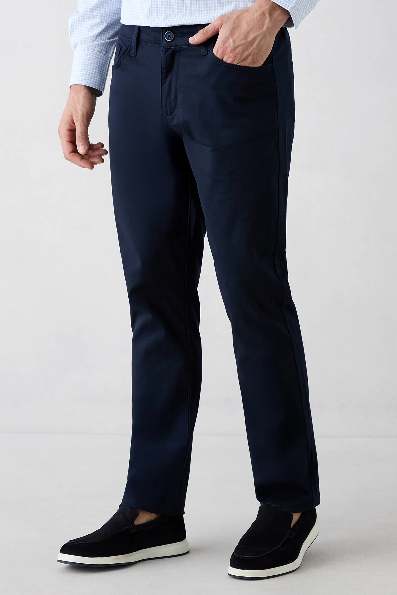 Orta Lacivert Regular Fit Standart Kesim 5 Cep Pamuklu Düz Likralı Kanvas / Chino Pantolon - Image 3