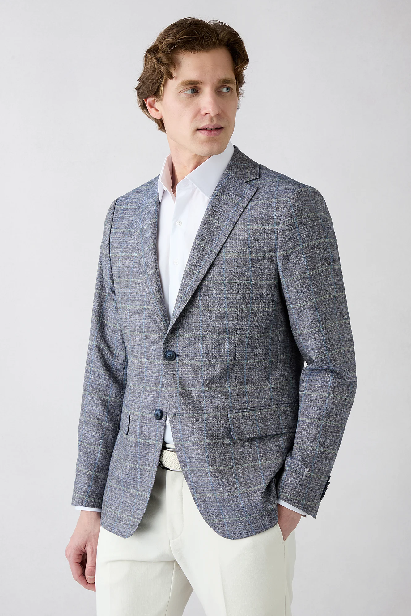 Orta Lacivert 6 Drop Regular Fit Standart Kesim Mono Yaka Ekose Klasik Ceket - Image 3