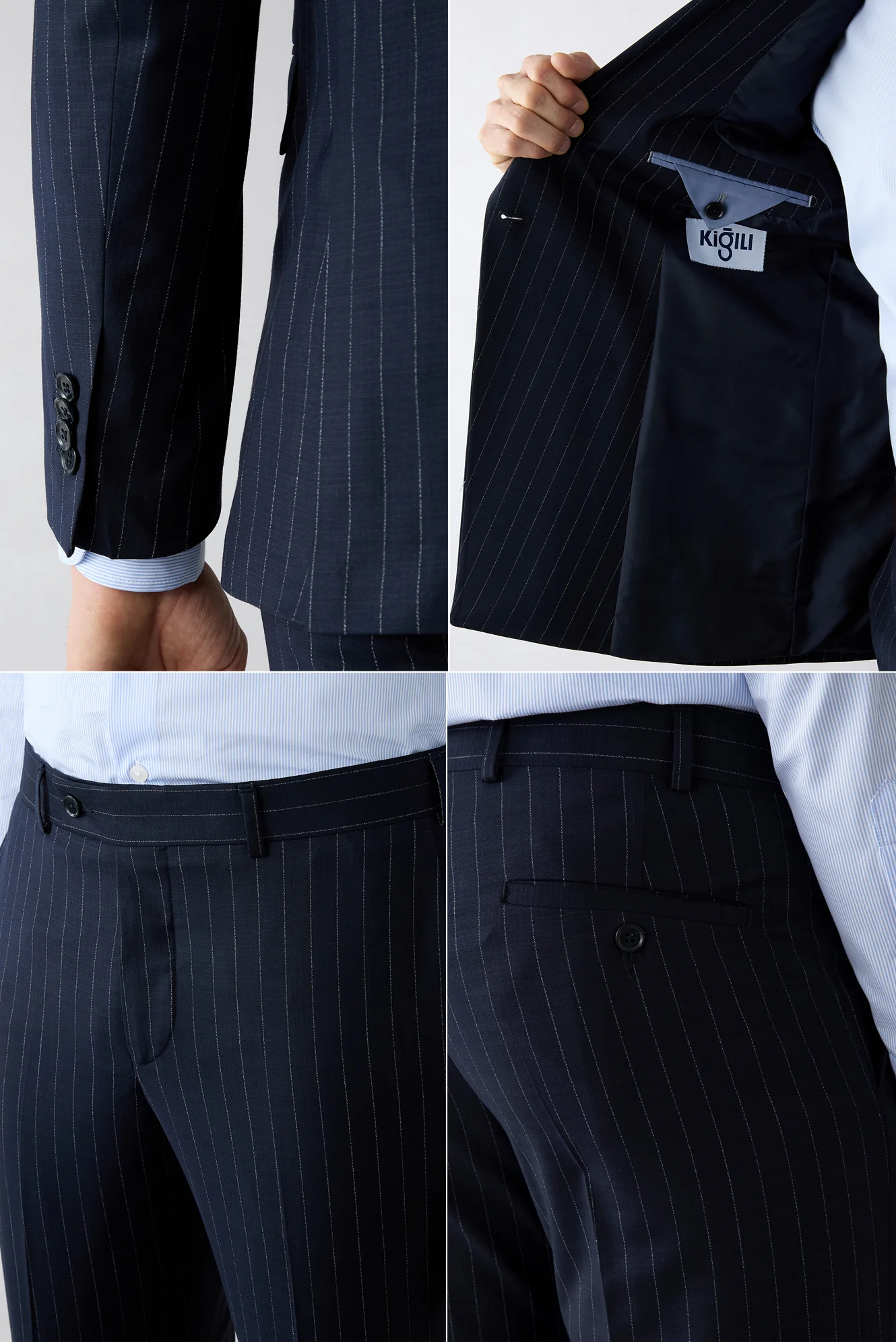 Orta Lacivert 6 Drop Regular Fit Standart Kesim Sivri Yaka Çizgili Kruvaze Takım Elbise - Image 4