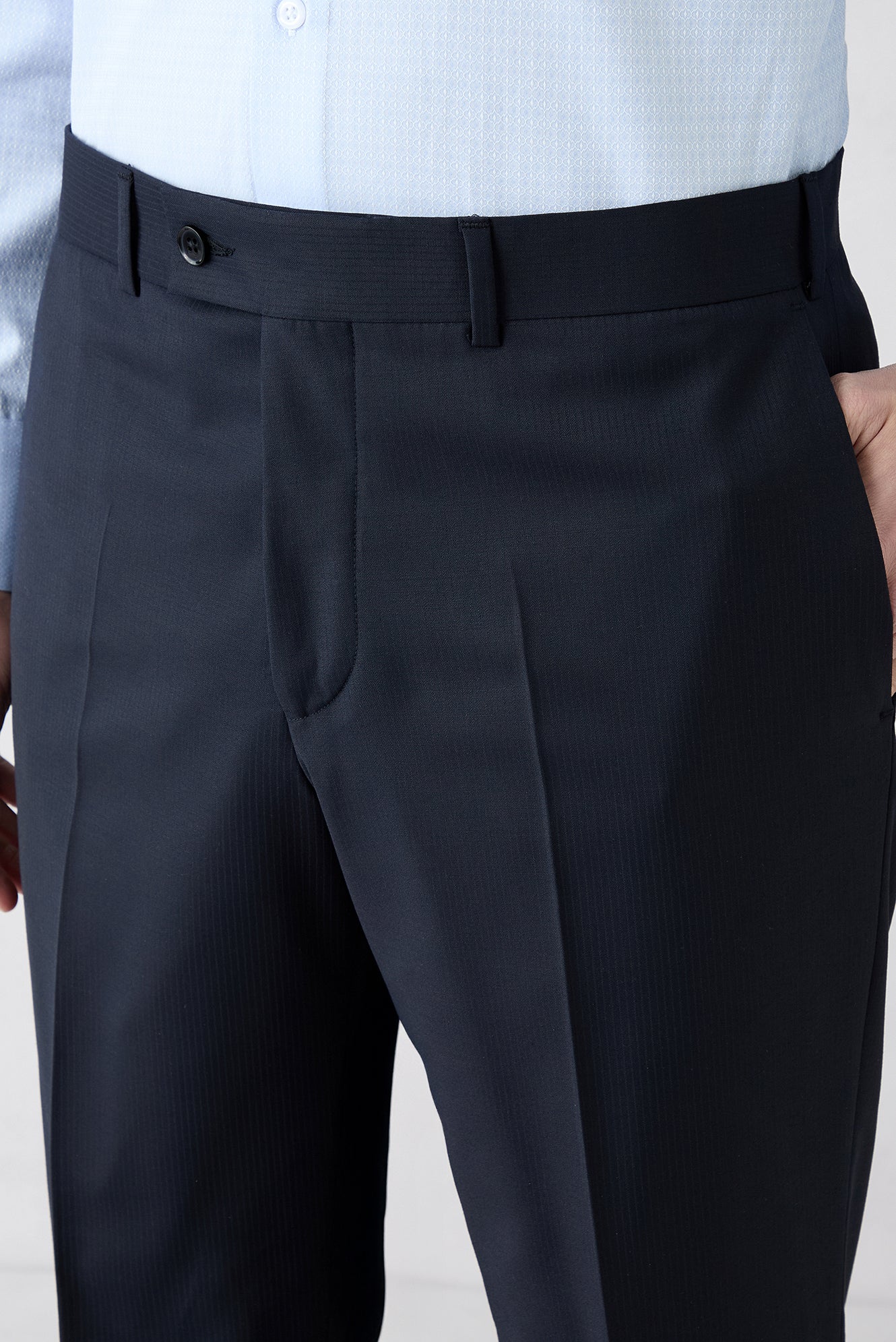 Orta Lacivert 6 Drop Regular Fit Standart Kesim Yünlü Çizgili Mono Yaka Takım Elbise - Image 6