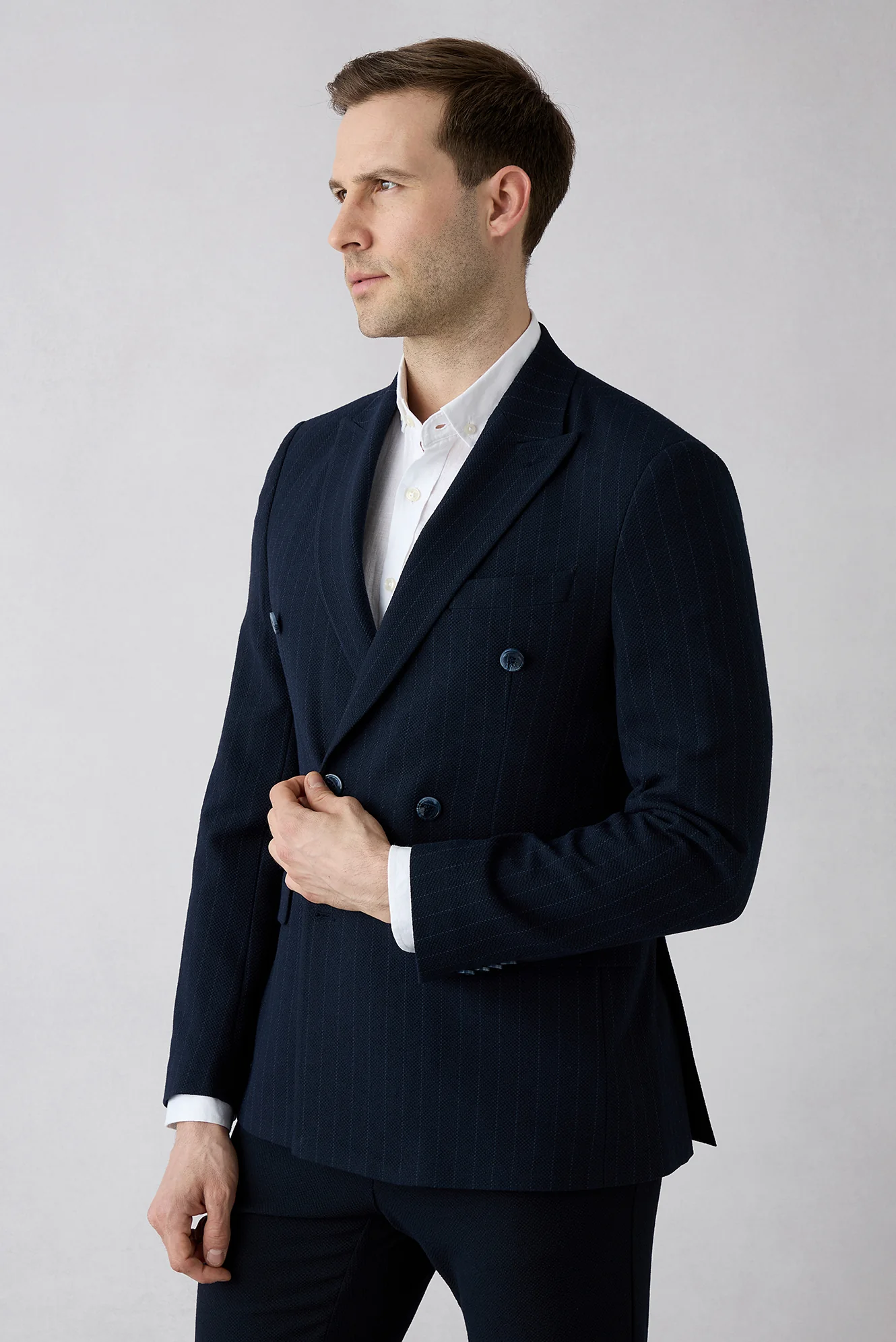 Orta Lacivert 7 Drop Slim Fit Dar Kesim Sivri Yaka Çizgili Kruvaze Ceket - Image 2