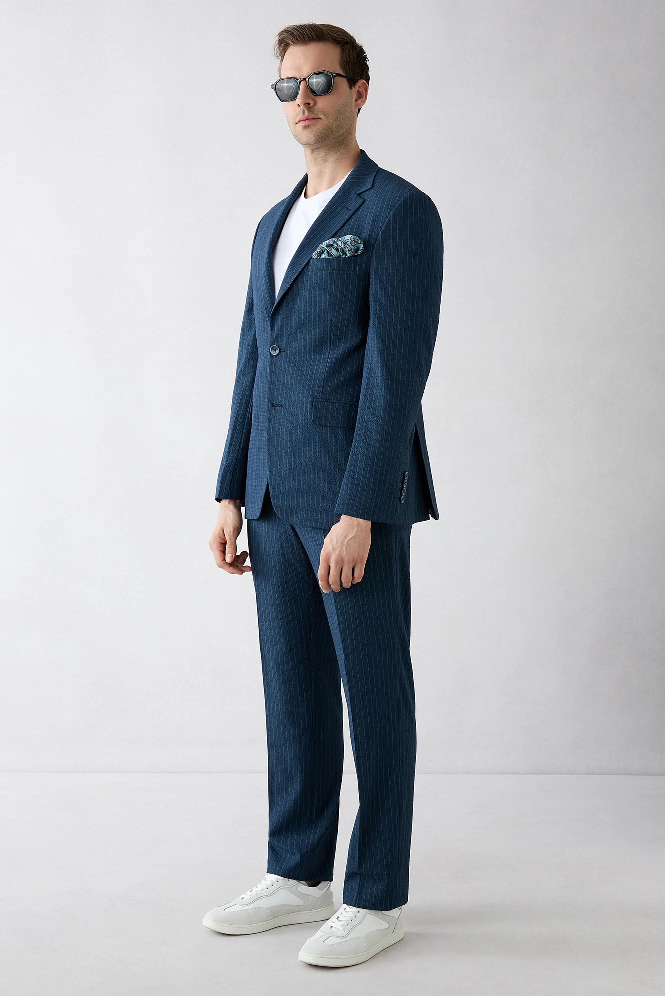 Orta Lacivert 7 Drop Slim Fit Dar Kesim Mono Yaka Çizgili Takım Elbise - Image 3