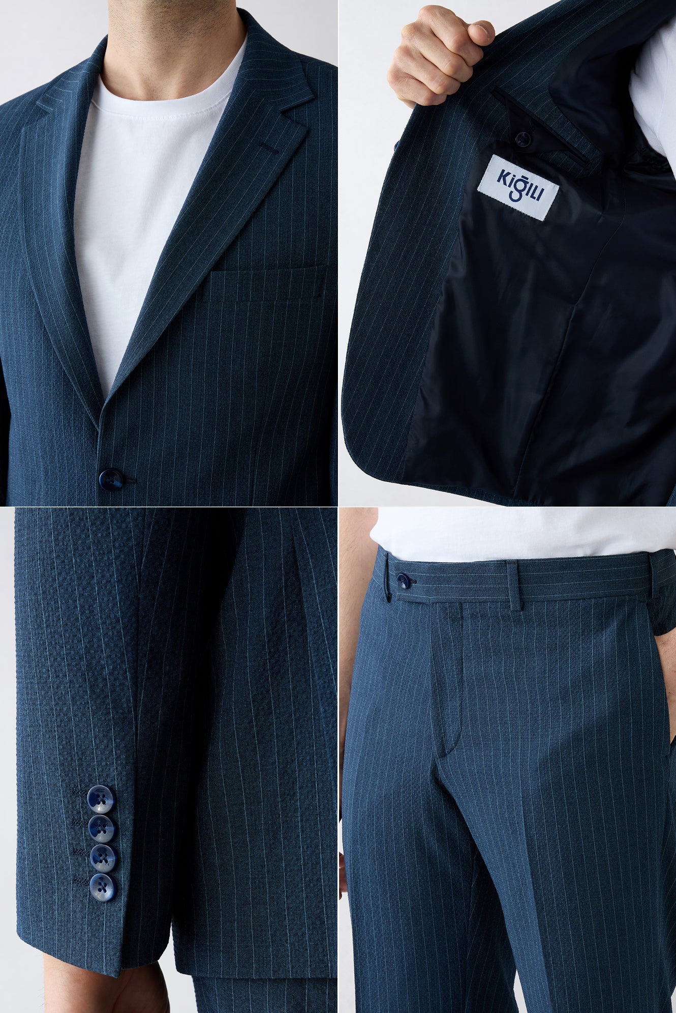 Orta Lacivert 7 Drop Slim Fit Dar Kesim Mono Yaka Çizgili Takım Elbise - Image 4