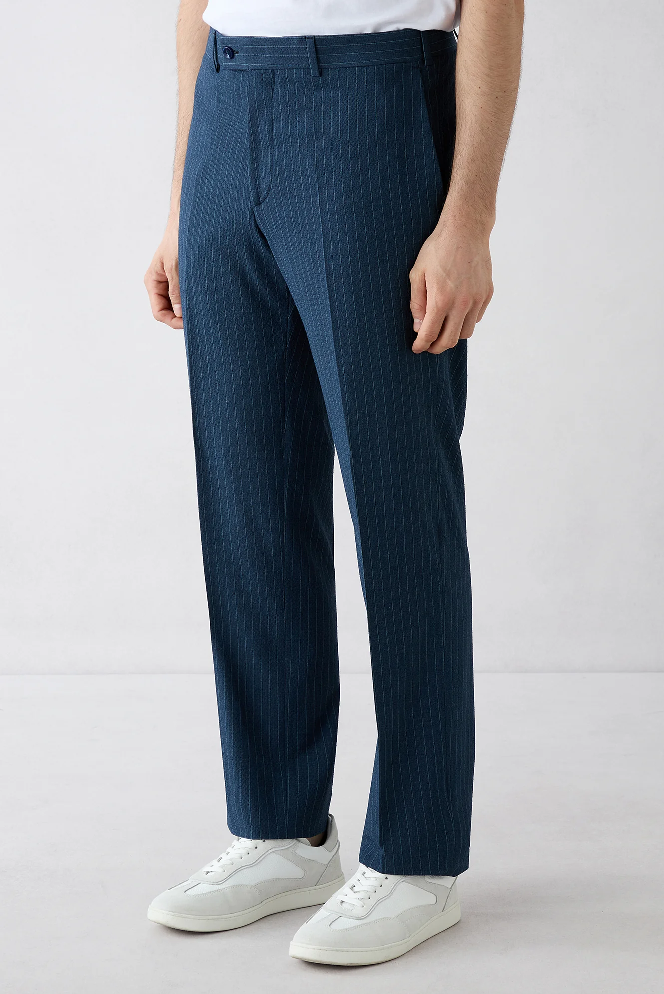 Orta Lacivert 7 Drop Slim Fit Dar Kesim Mono Yaka Çizgili Takım Elbise - Image 5