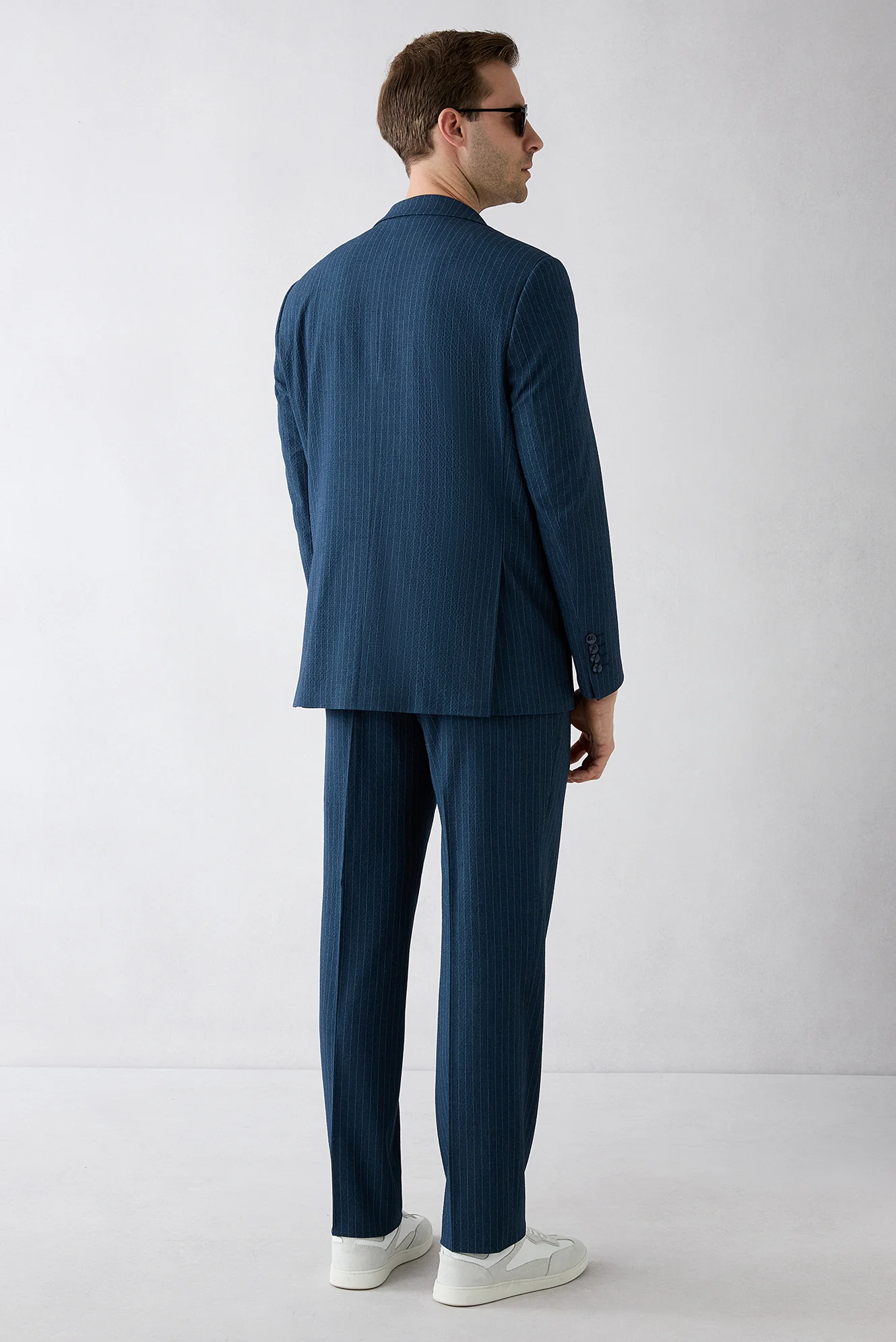 Orta Lacivert 7 Drop Slim Fit Dar Kesim Mono Yaka Çizgili Takım Elbise - Image 7