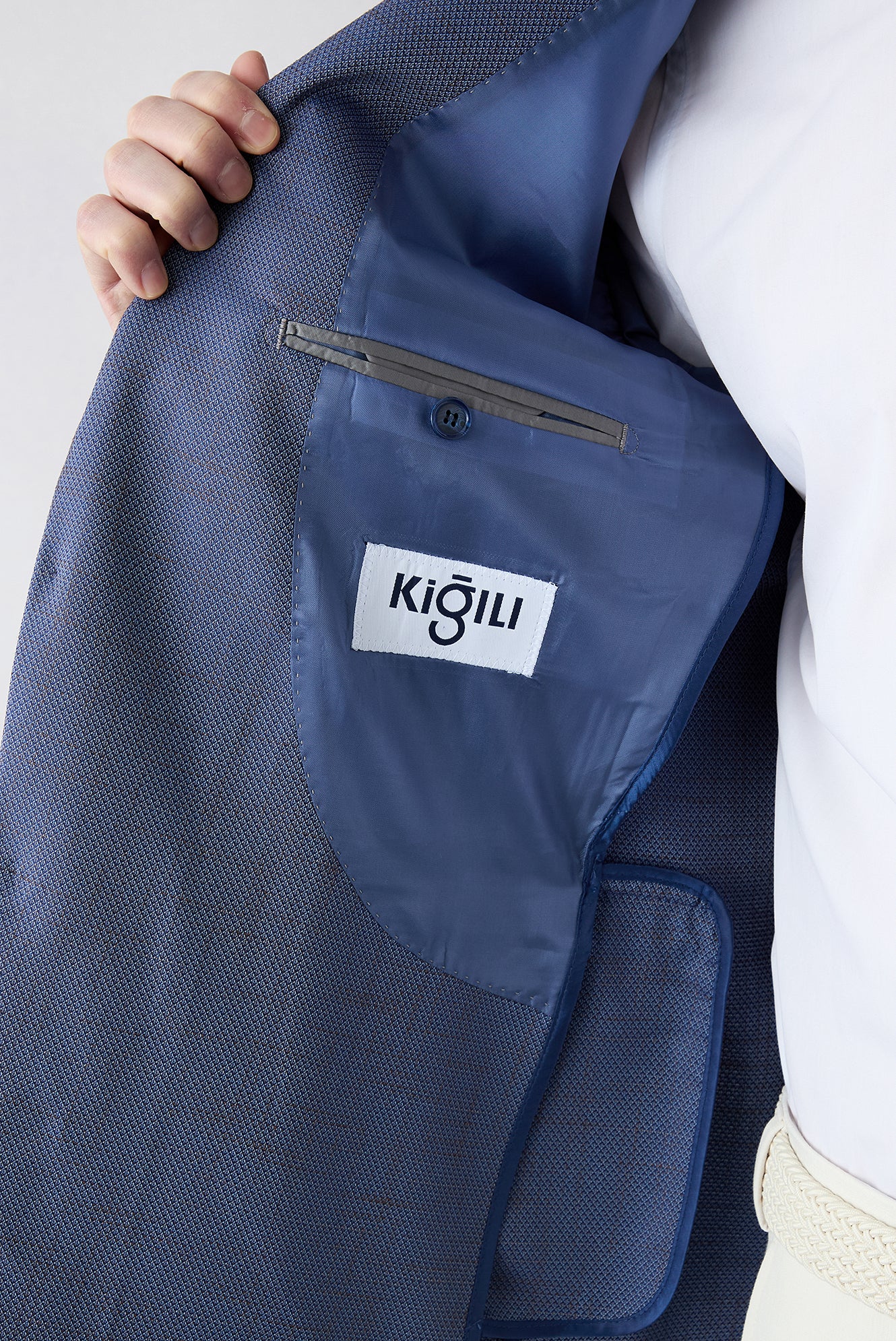 Orta Lacivert 8 Drop Long Slim Fit Uzun Dar Kesim Mono Yaka Desenli Likralı Klasik Ceket - Image 4